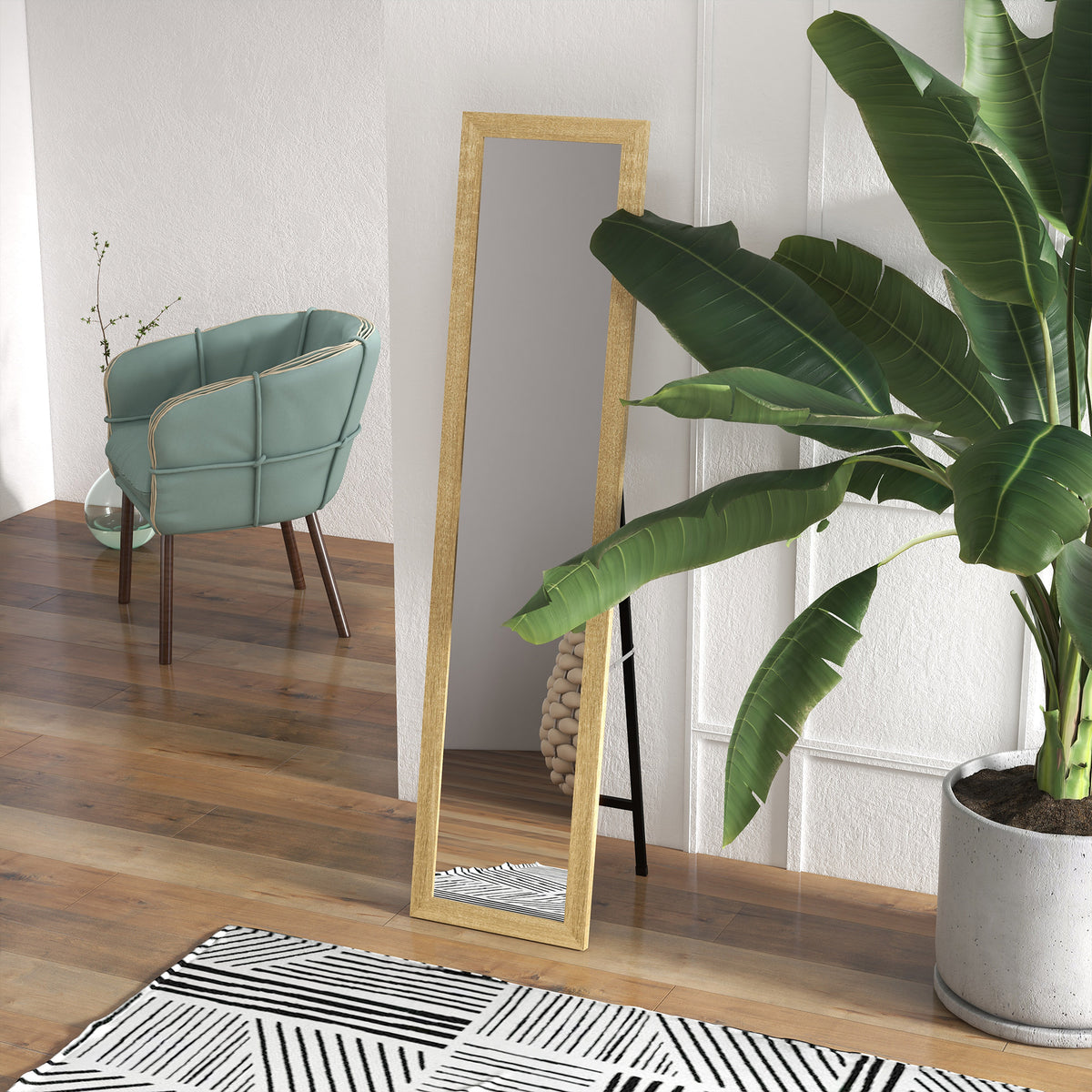 Miroir sur pied mural ou à poser rectangulaire avec cadre en bois pour salon chambre à coucher 37 x 155 cm marron clair