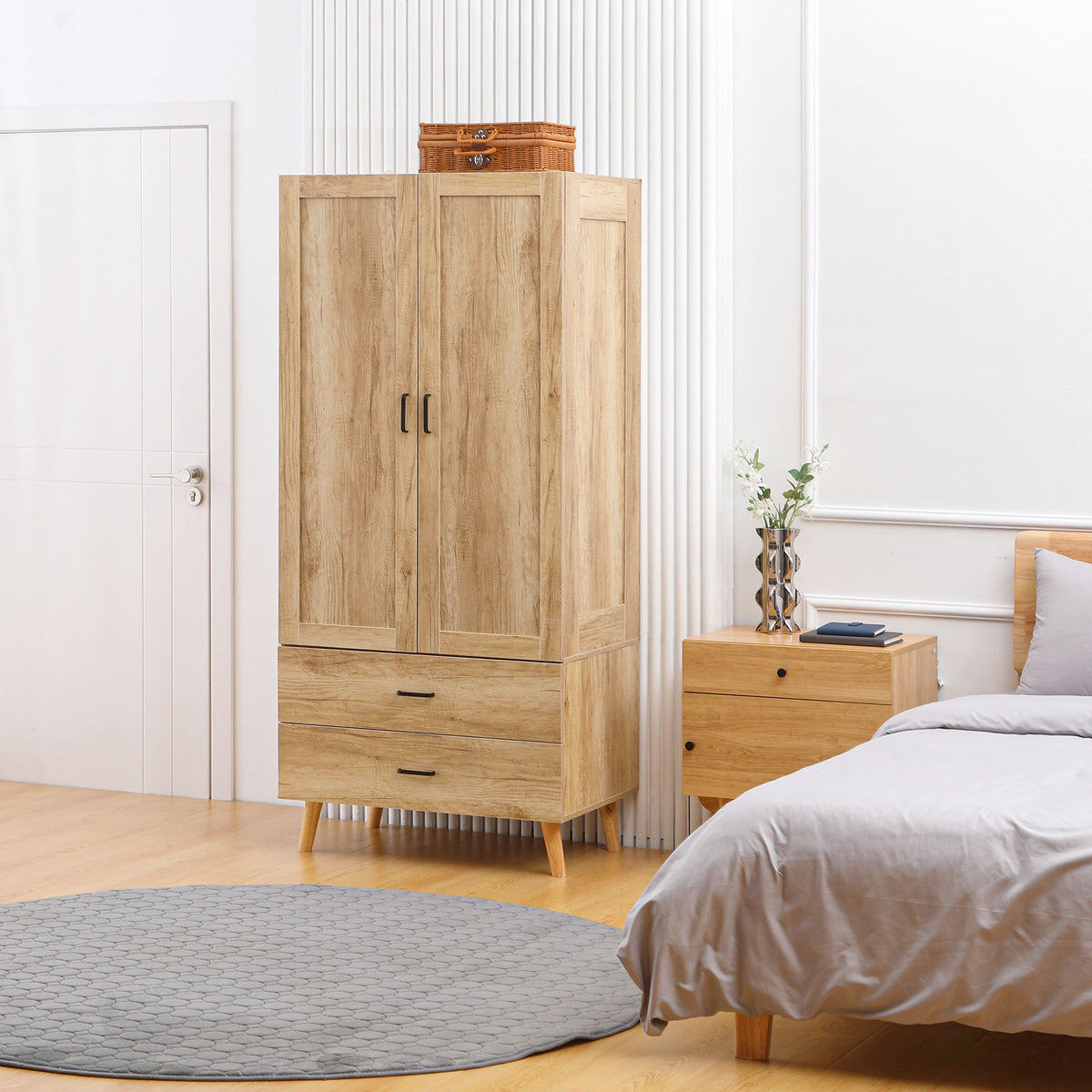 Armoire à vêtements armoire de rangement 2 portes et 2 tiroirs avec tringle - 80 x 54 x 180 cm