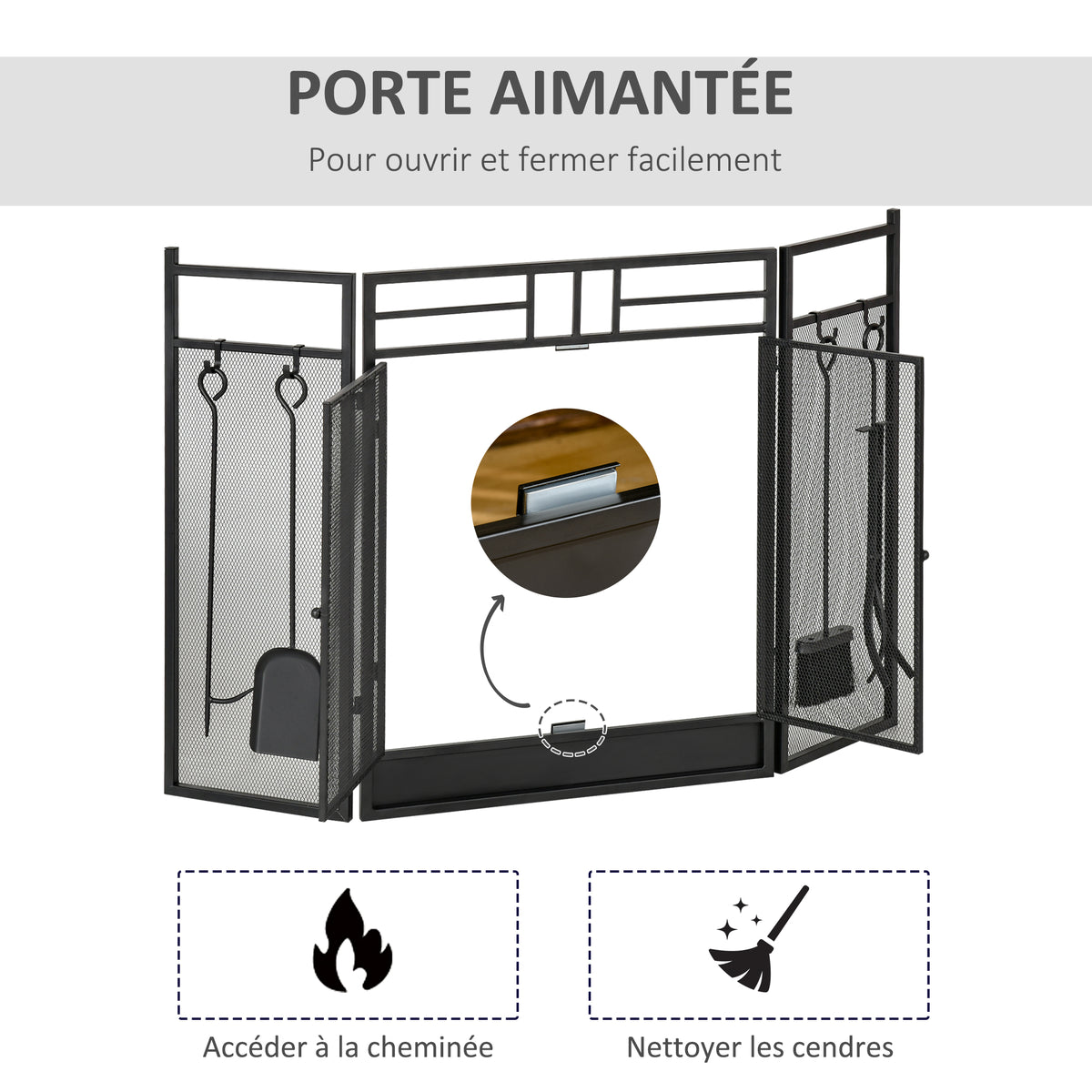 Pare-feu Large pour cheminée ou poêle - Pare-étincelles serviteur de cheminée 2 en 1 avec Accessoires - 3 Volets Pliables et Porte - Acier métal Noir-5
