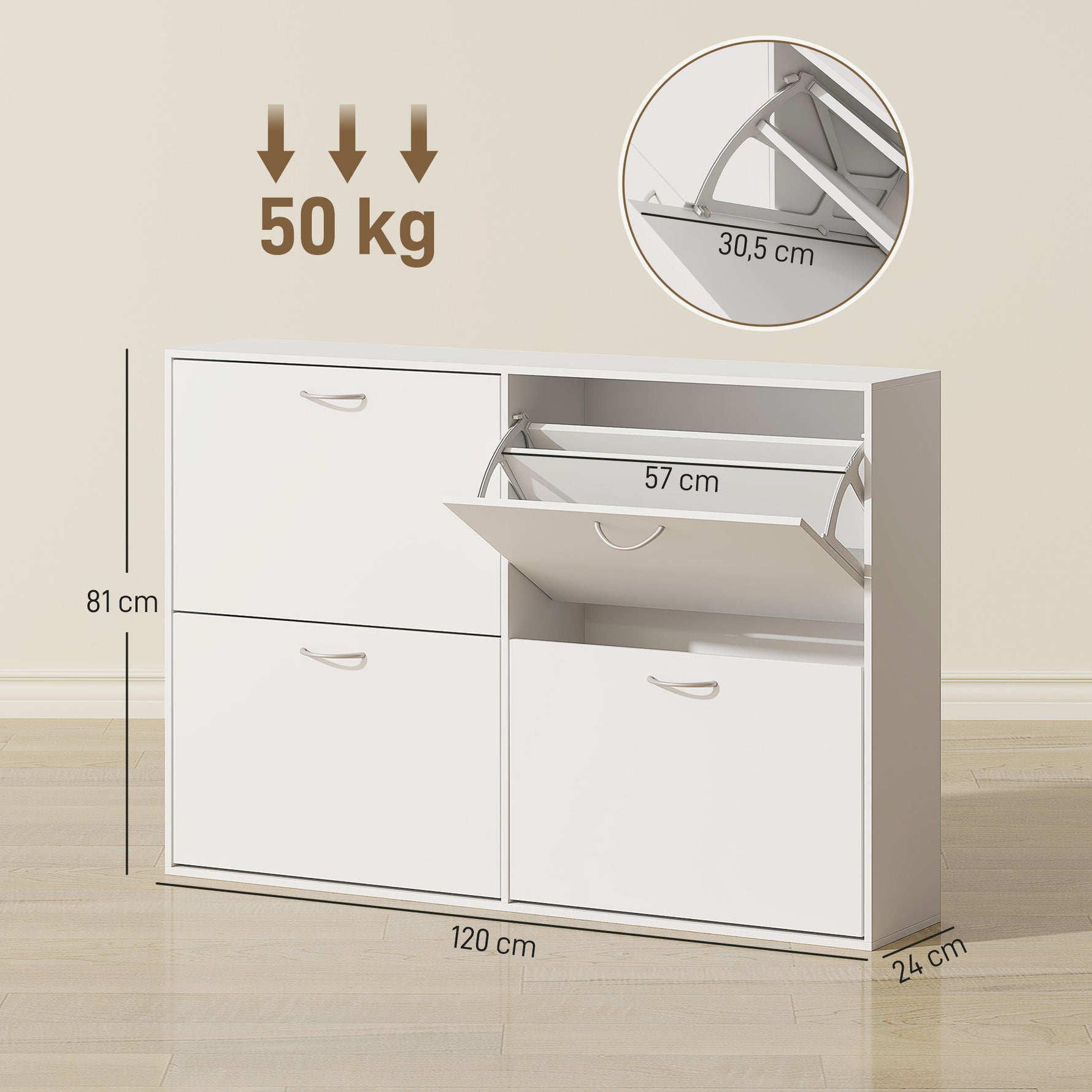 Armoire à Chaussures Meuble à Chaussures Grande Taille dim. 120L x 24l x 81H cm 4 Portes abattantes Double Niveau en Bois Blanc