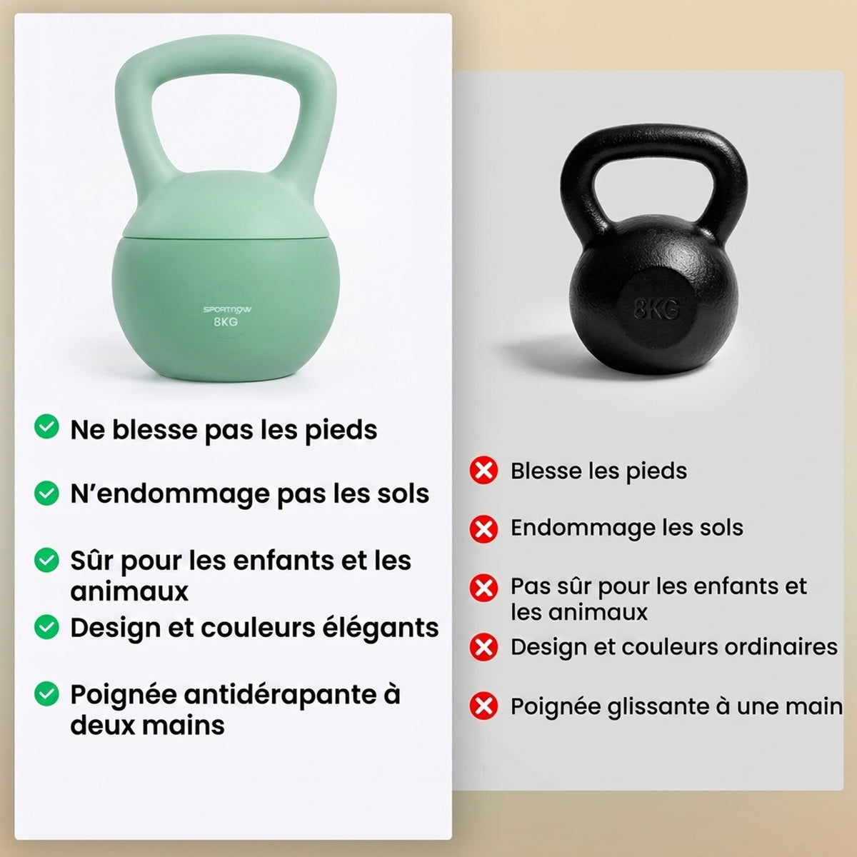 Kettlebell 8 kg, mit rutschfestem Griff, für Fitness, Krafttraining, Cardio, 19 x 19 x 28 cm, grün