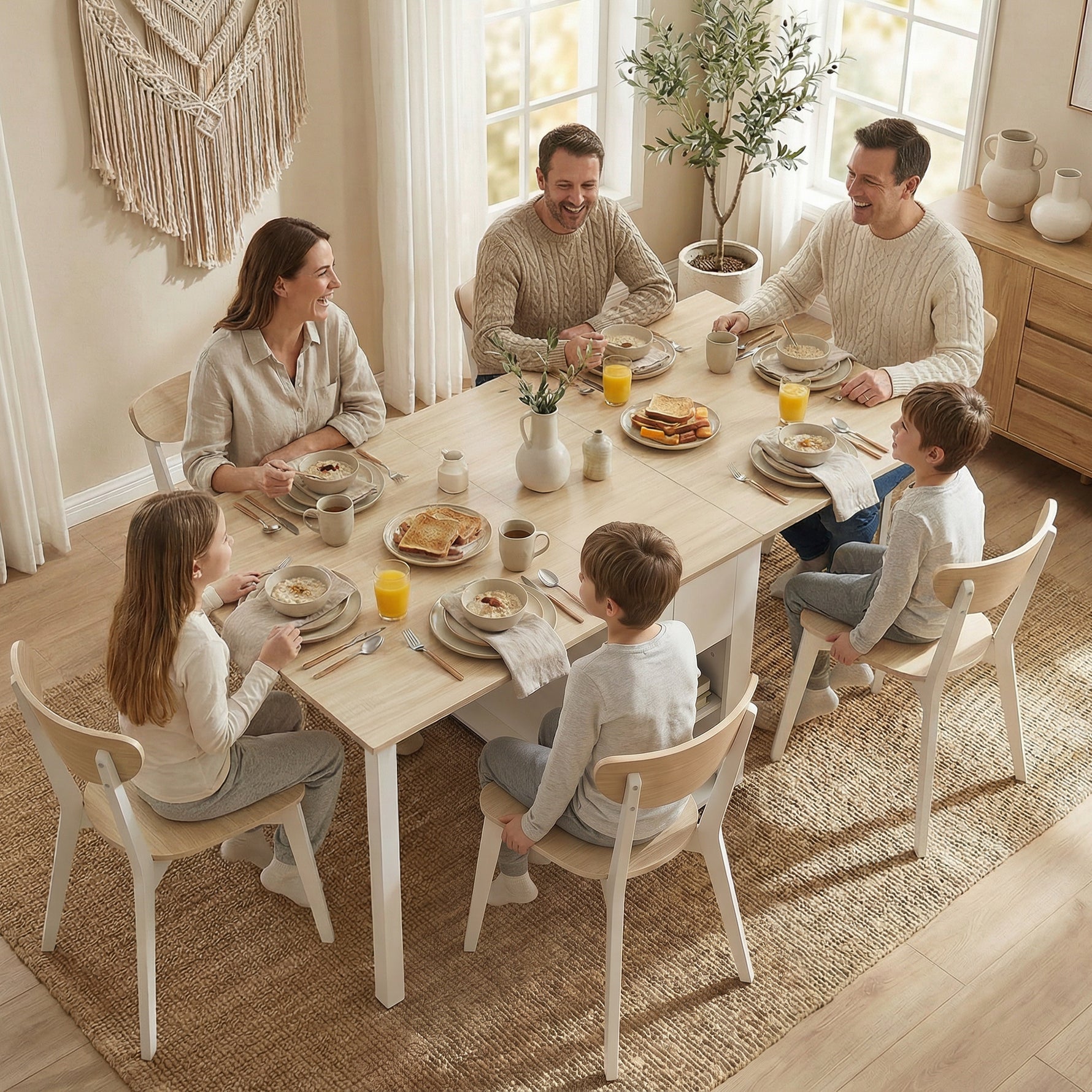 Table à manger pliante pour 6 personnes 39-168 cm, table de cuisine avec 2 tiroirs et 4 étagères ouvertes, blanc