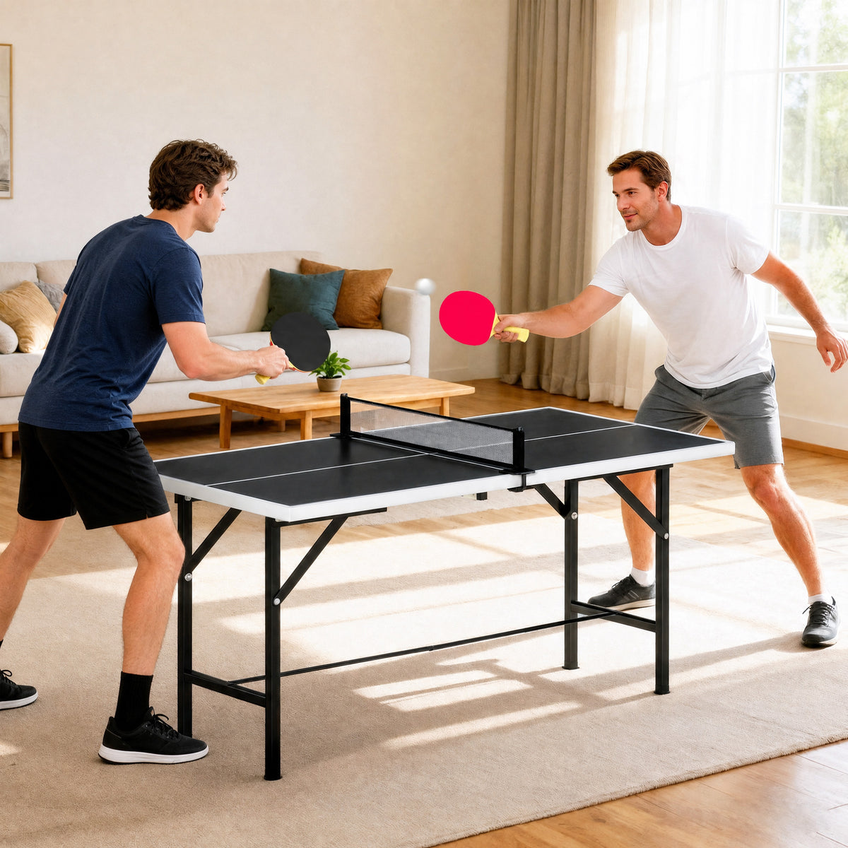 Opvouwbare mini-tafeltennistafel voor binnen en buiten met 2 massief houten batjes, 3 balletjes en net 152x76x70cm zwart