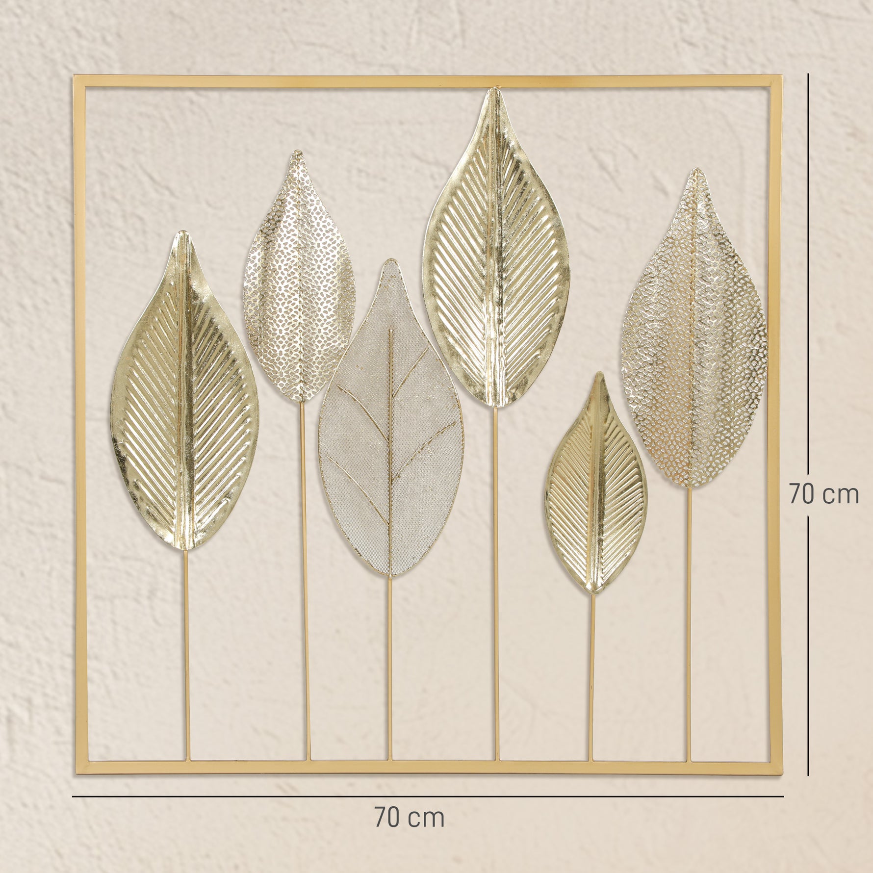 Décoration murale en métal moderne, sculpture murale en métal en forme de feuille, 70 x 70 cm, doré
