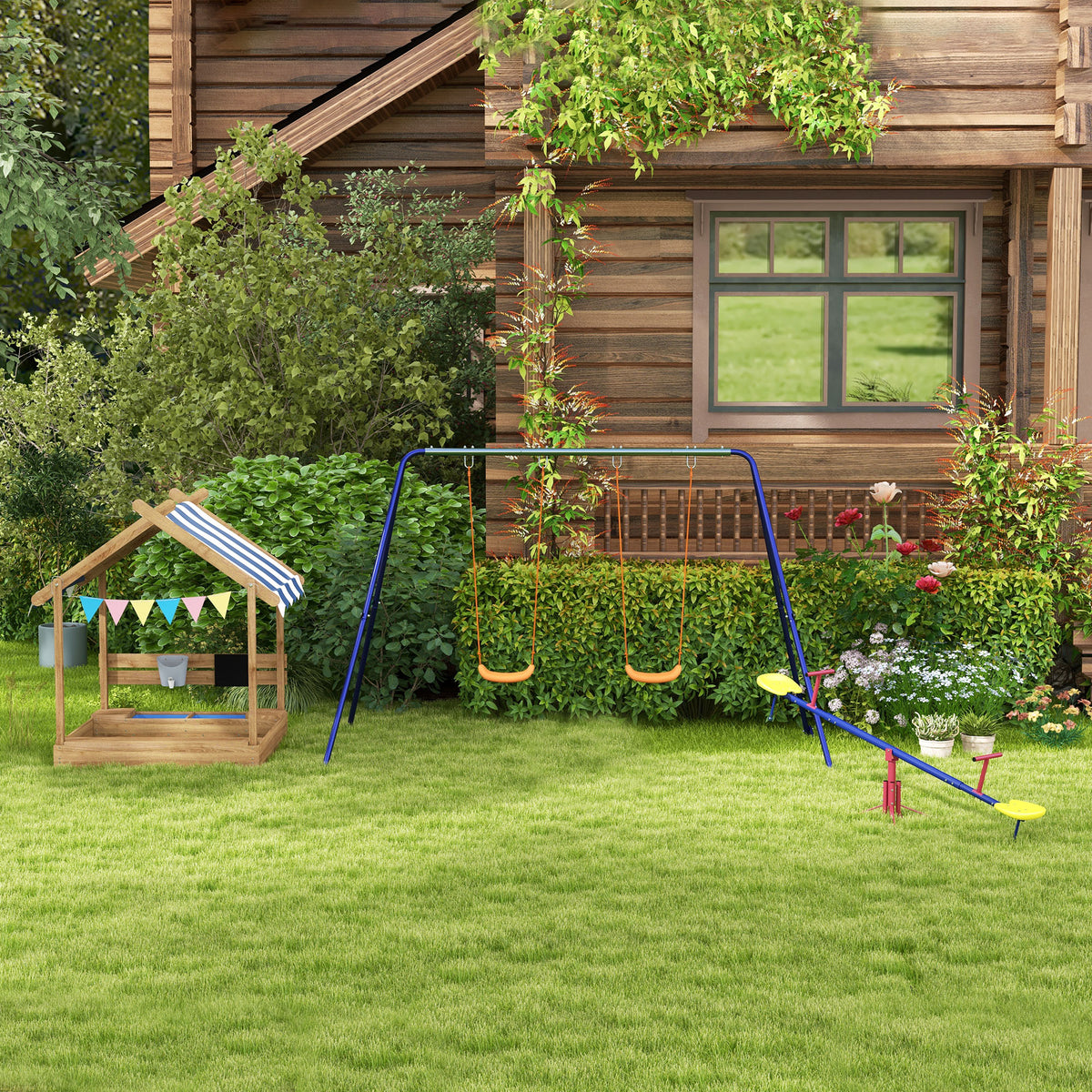 Balançoire à bascule pour enfant 3 à 8 ans trébuchet rotatif 360° pied 4 tiges poignée 184 x 76 x 71 cm, multicolore