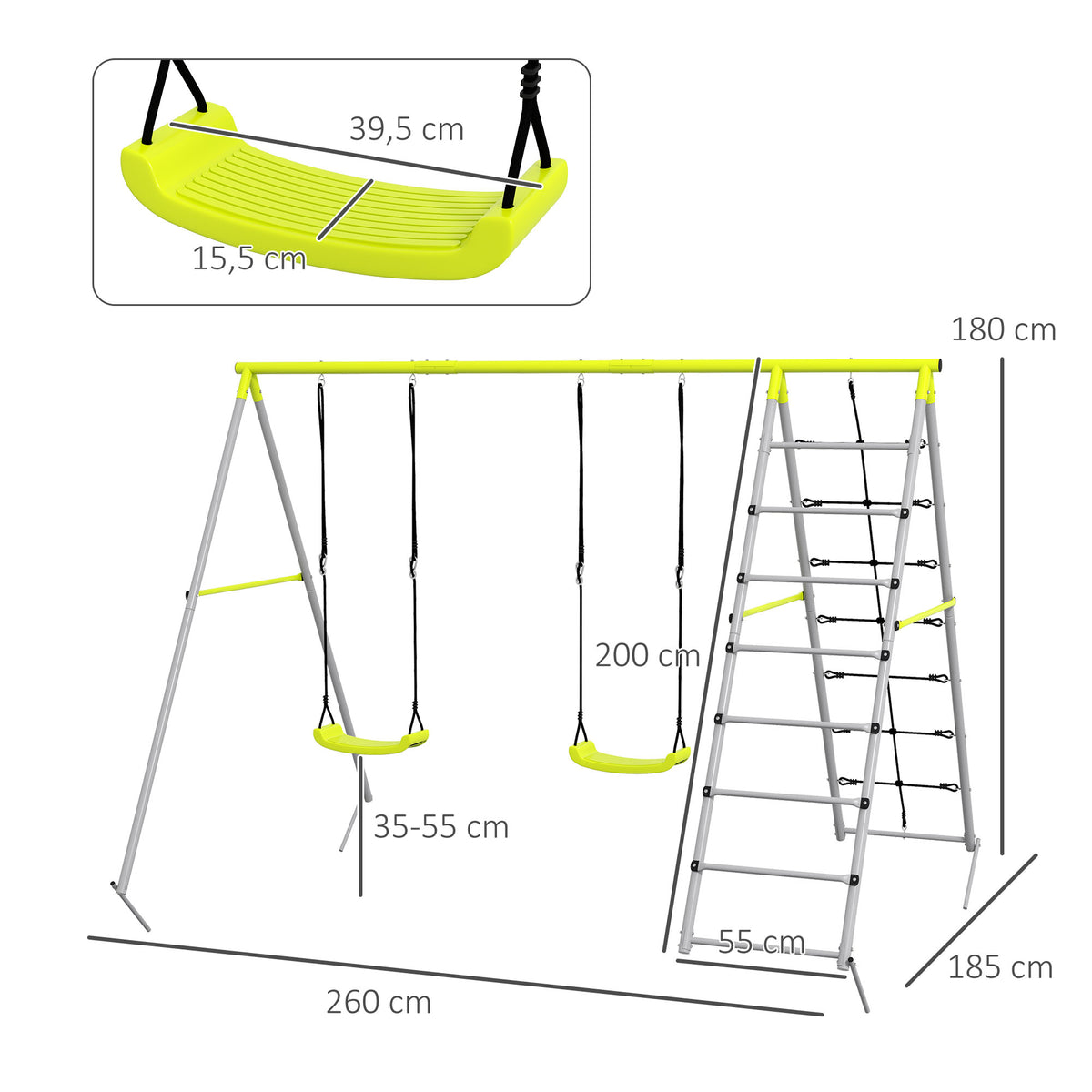 4 en 1 balançoire portique pour enfant avec 2 siège de balançoire échelle grimpeuse et filet d'escalade vert