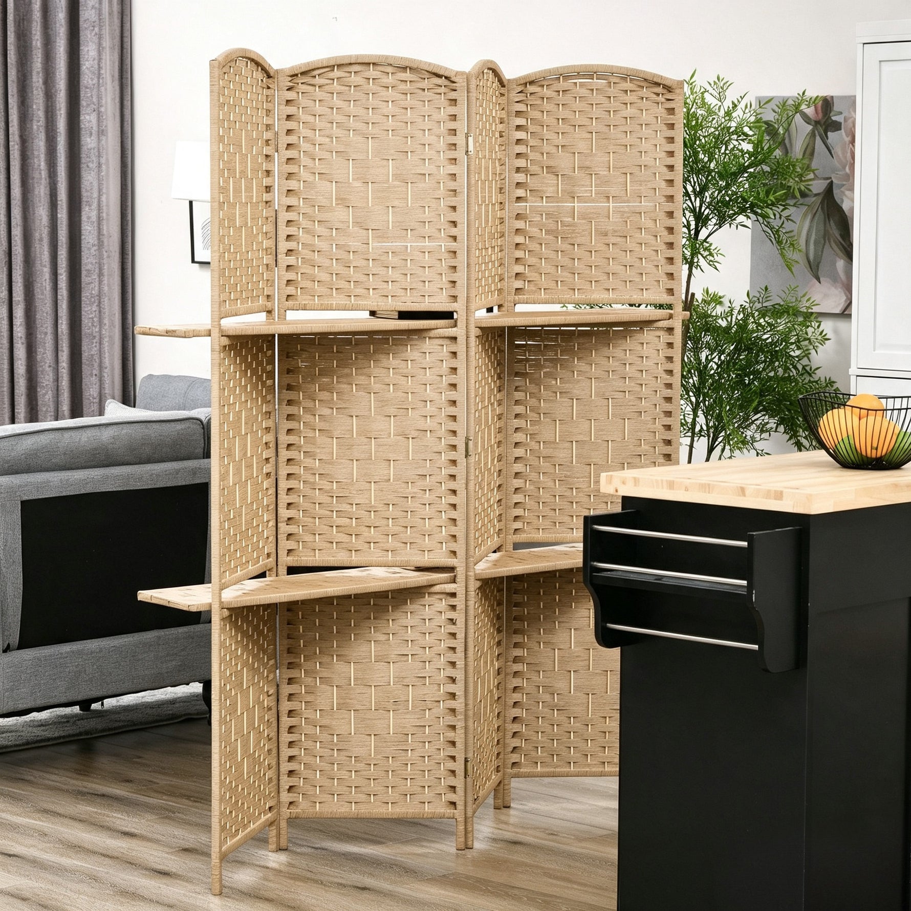 Paravent séparateur de pièce 4 panneaux 160 x170 cm avec 2 étagères, pliable, en bois