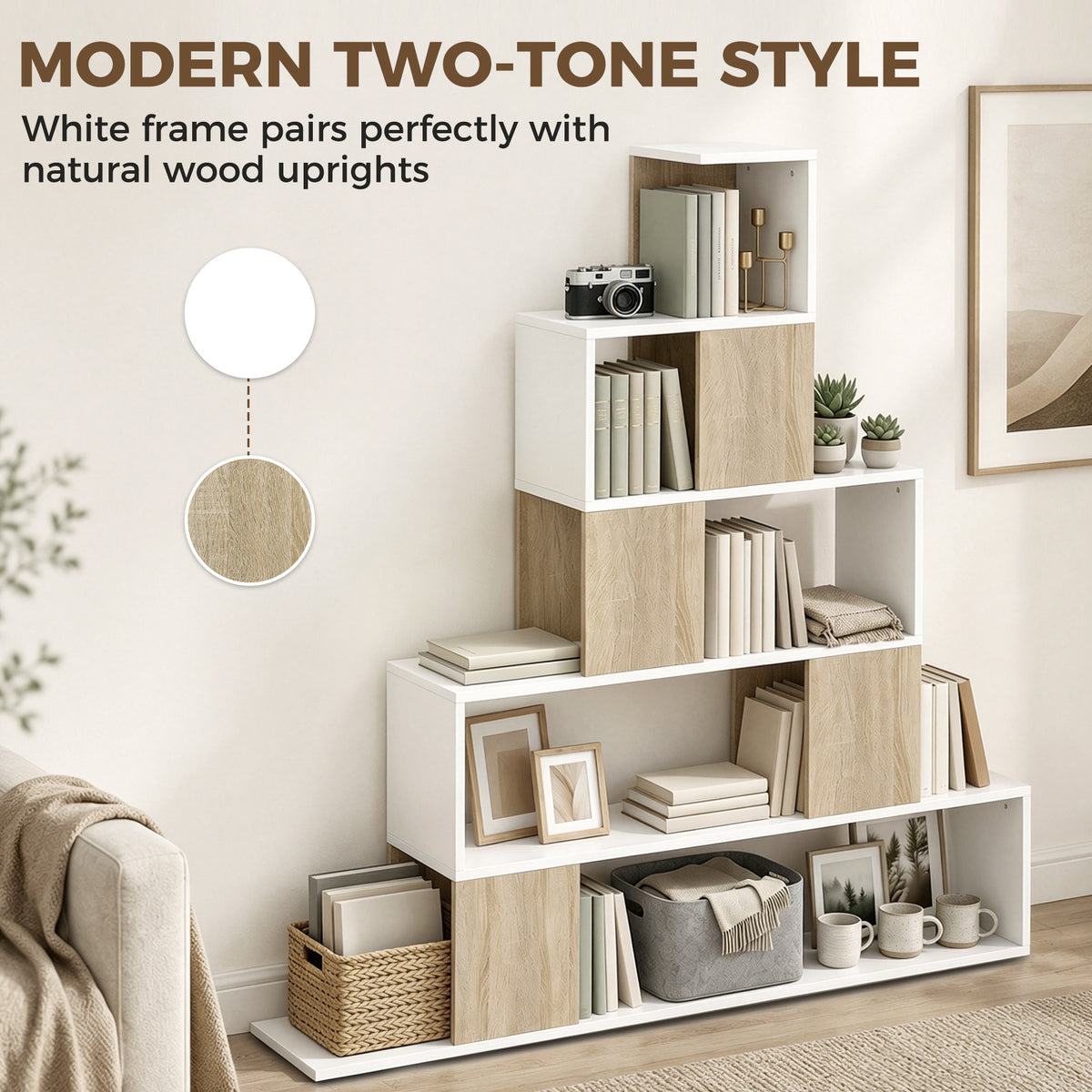 Étagère de rangement, bibliothèque géométrique à 5 niveaux, pour bureau, salon, chambre, blanc et bois naturel