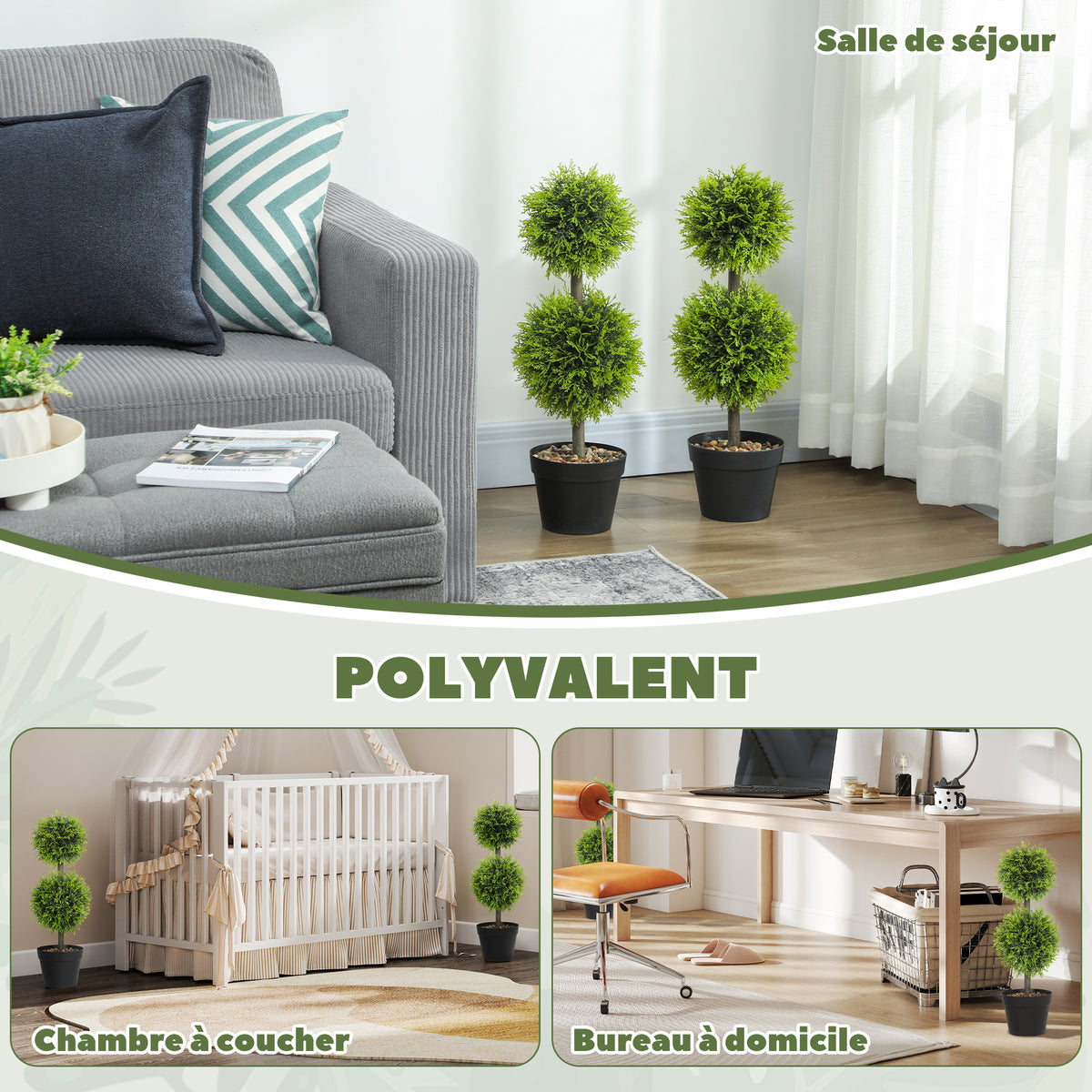 Lot de 2 plantes artificielles décoratives, boules de buis artificiel 60 cm avec pot, plastique, vert