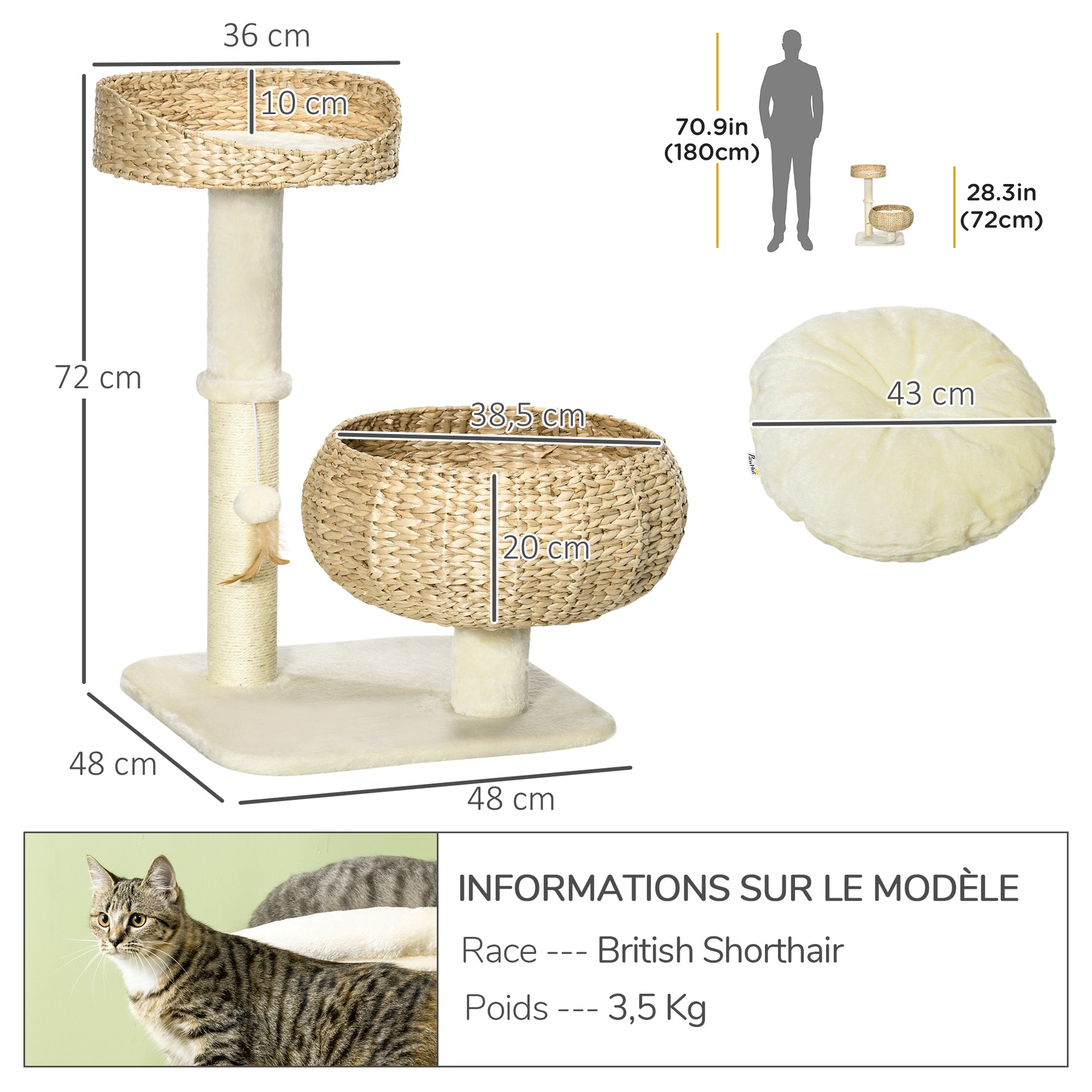 Arbre à chat griffoir 2 niveaux hauteur 72 cm poteau sisal avec niche et plateforme 1 balle suspendue