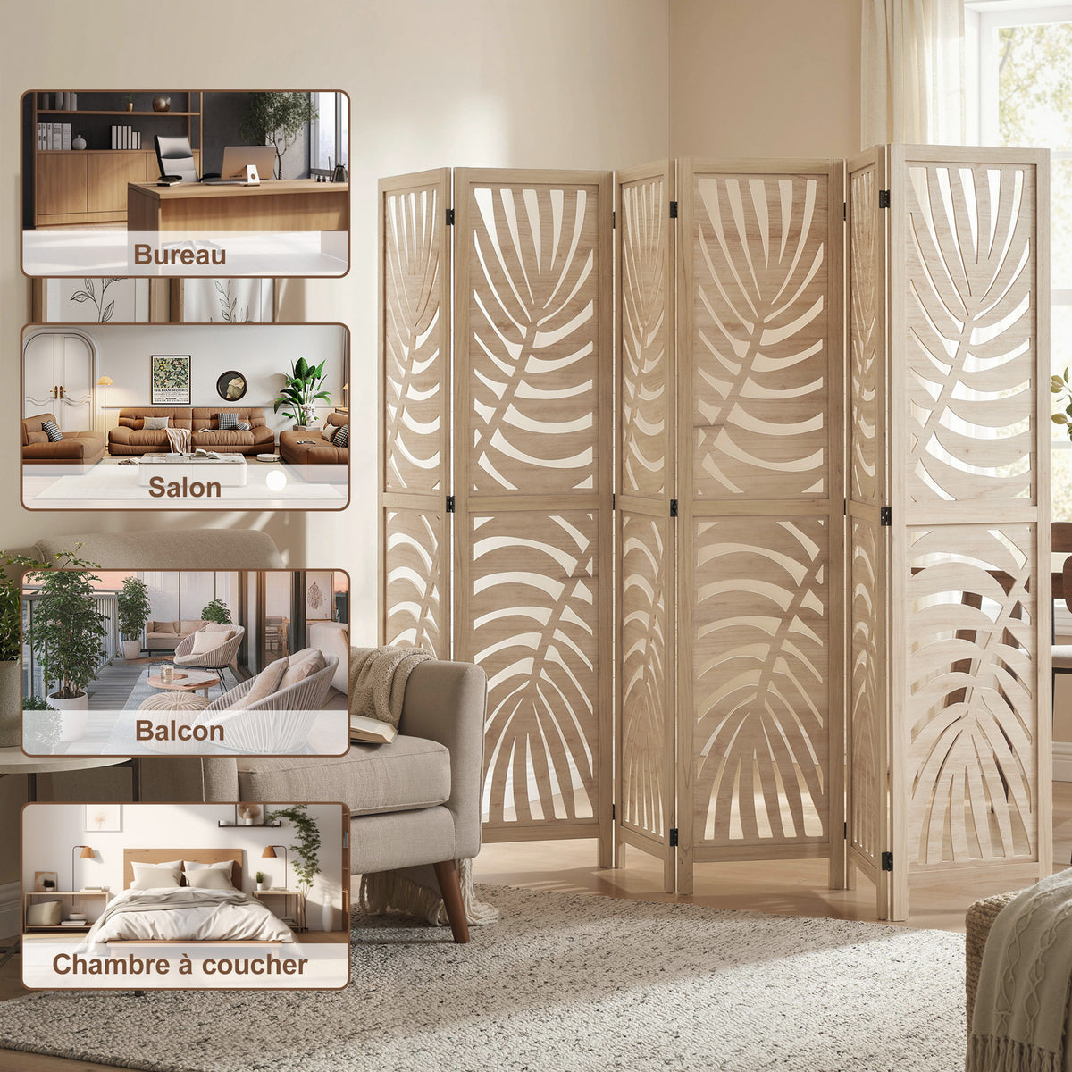 Paravent interieur en bois 6 panneaux 240 x 170 cm, pliable et portable, motif de feuille, design amovible, bois naturel