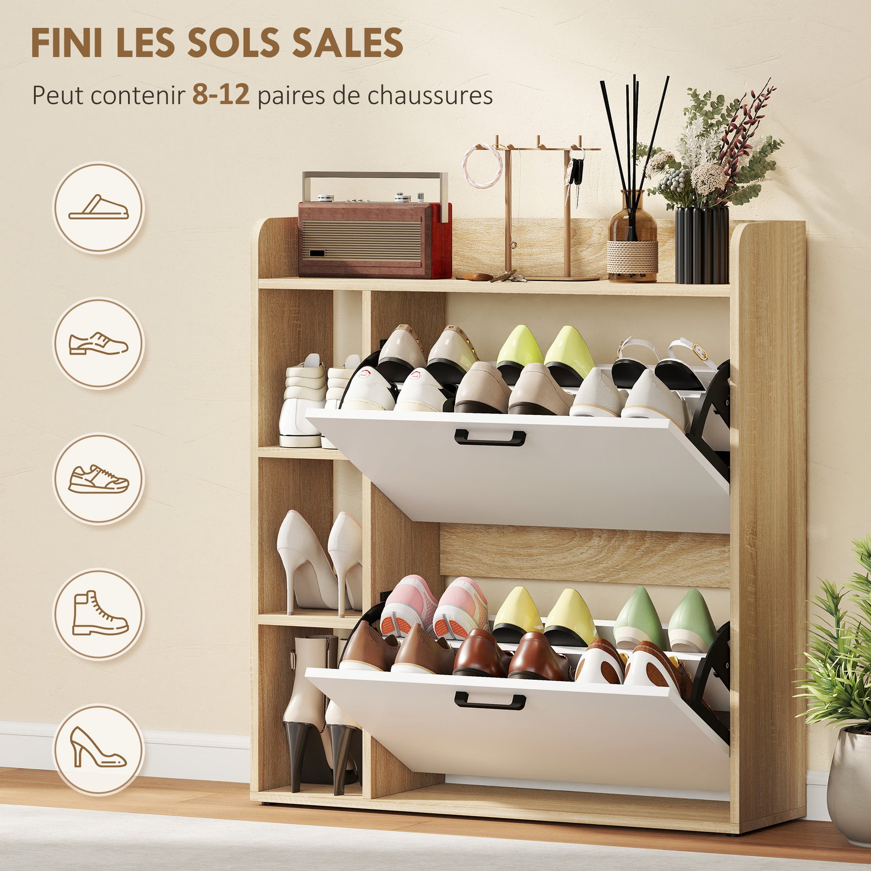 Meuble à chaussures 15 paires, armoire à chaussures moderne avec 2 tiroirs rabattables, 83x24x90,5cm, effet bois naturel