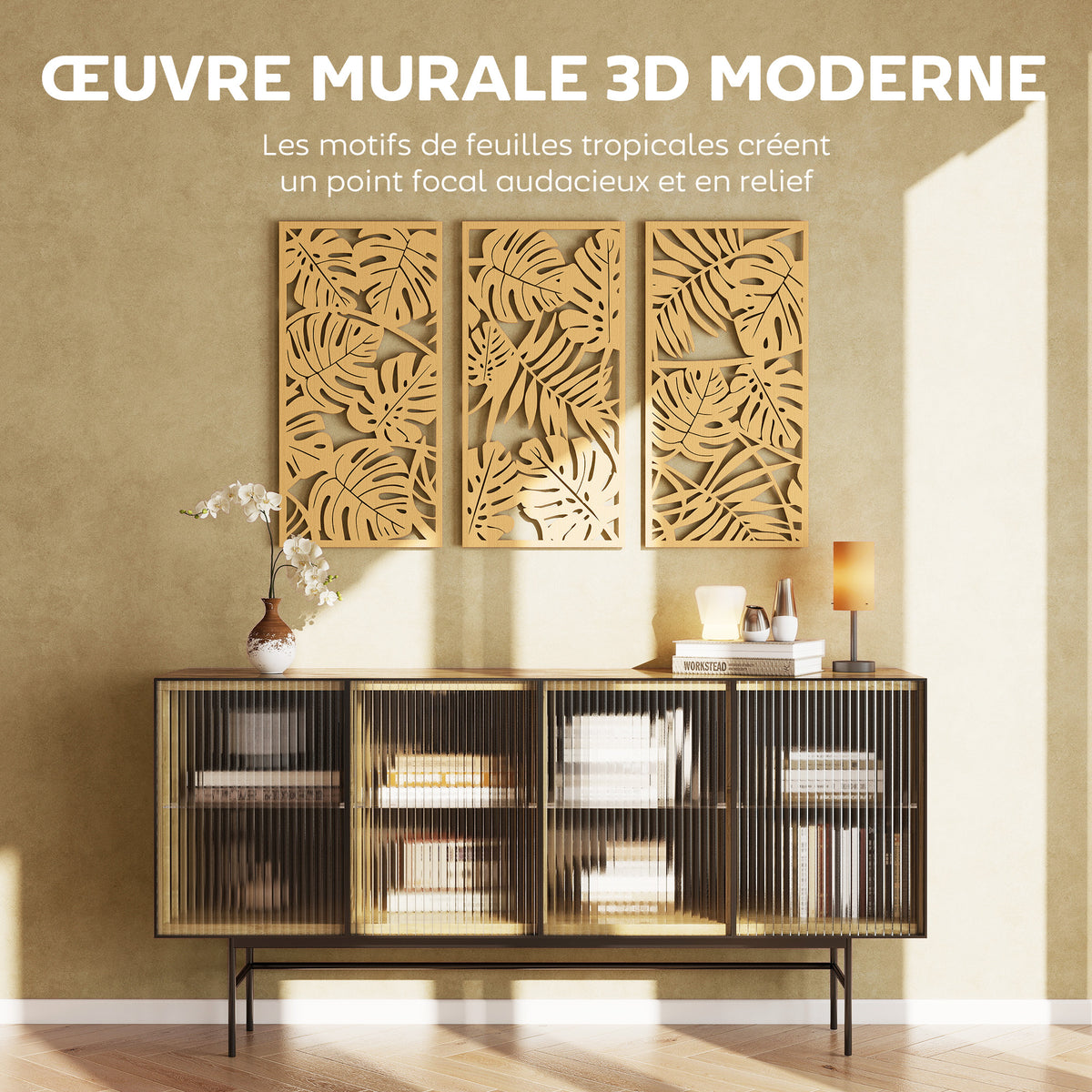 Ensemble de 3 Décorations Murales en Bois 3D, 40 x 80 cm, Feuilles Tropicales, Effet Bois Naturel