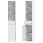Meuble de salle de bain haut, meuble de rangement avec porte, tiroir, compartiments ouverts, étagère réglable, blanc