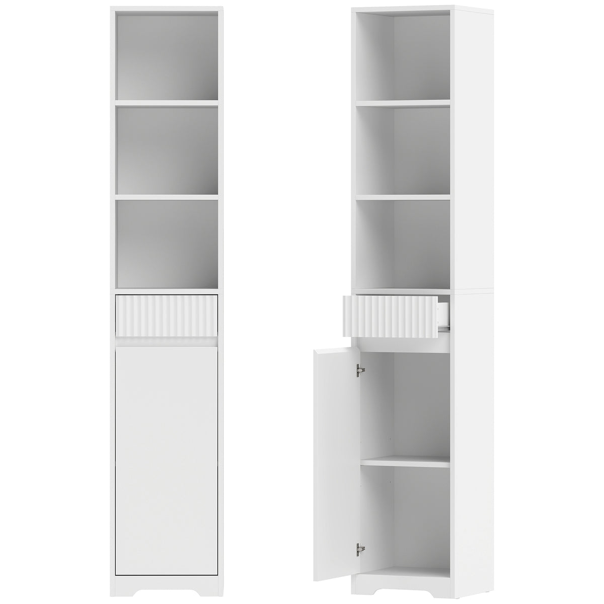 Meuble de salle de bain haut, meuble de rangement avec porte, tiroir, compartiments ouverts, étagère réglable, blanc