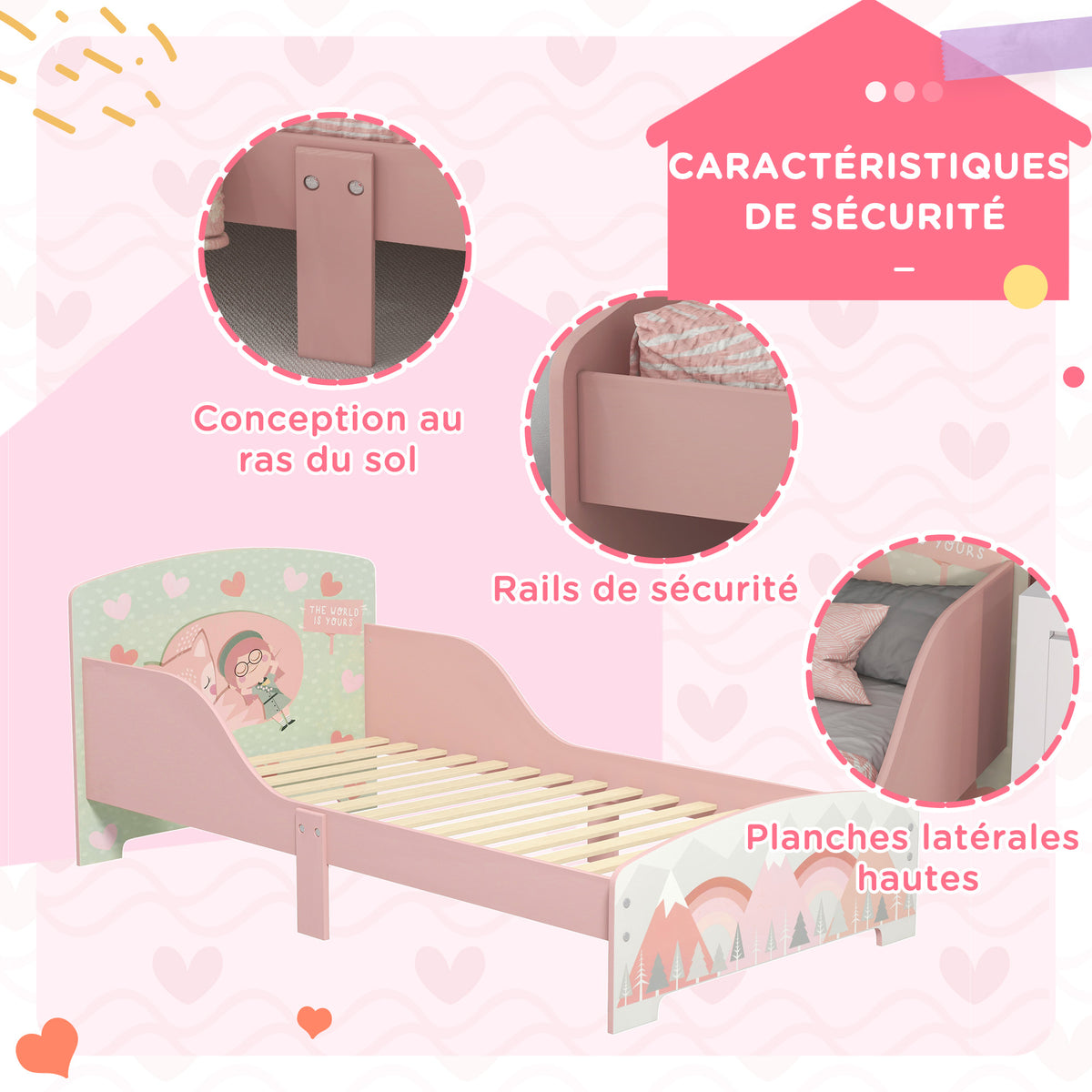 Lit pour enfant 3-6 ans avec barrières de sécurité et motifs dim. 77 x 143 x 60 cm sommier à lattes inclus - rose