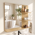Miroir Salle de Bain avec 3 Étagères 60 x 48 cm, Miroir Mural Modern pour chambre à coucher, bureau, Chêne