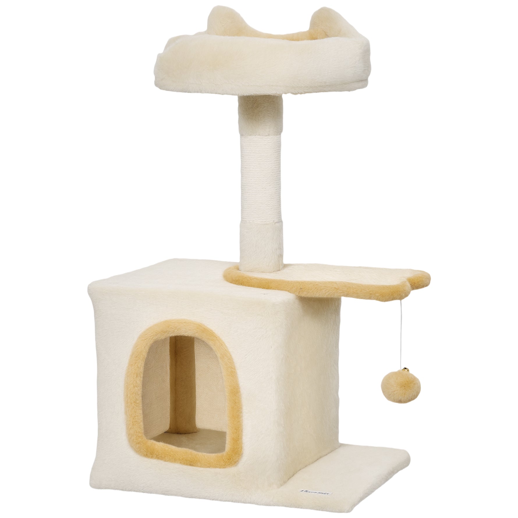 Arbre à Chat 72 cm, Perchoir Doux, Plateforme en Forme de Poisson, Niche en Peluche, Poteaux en Sisal, Balle, Beige