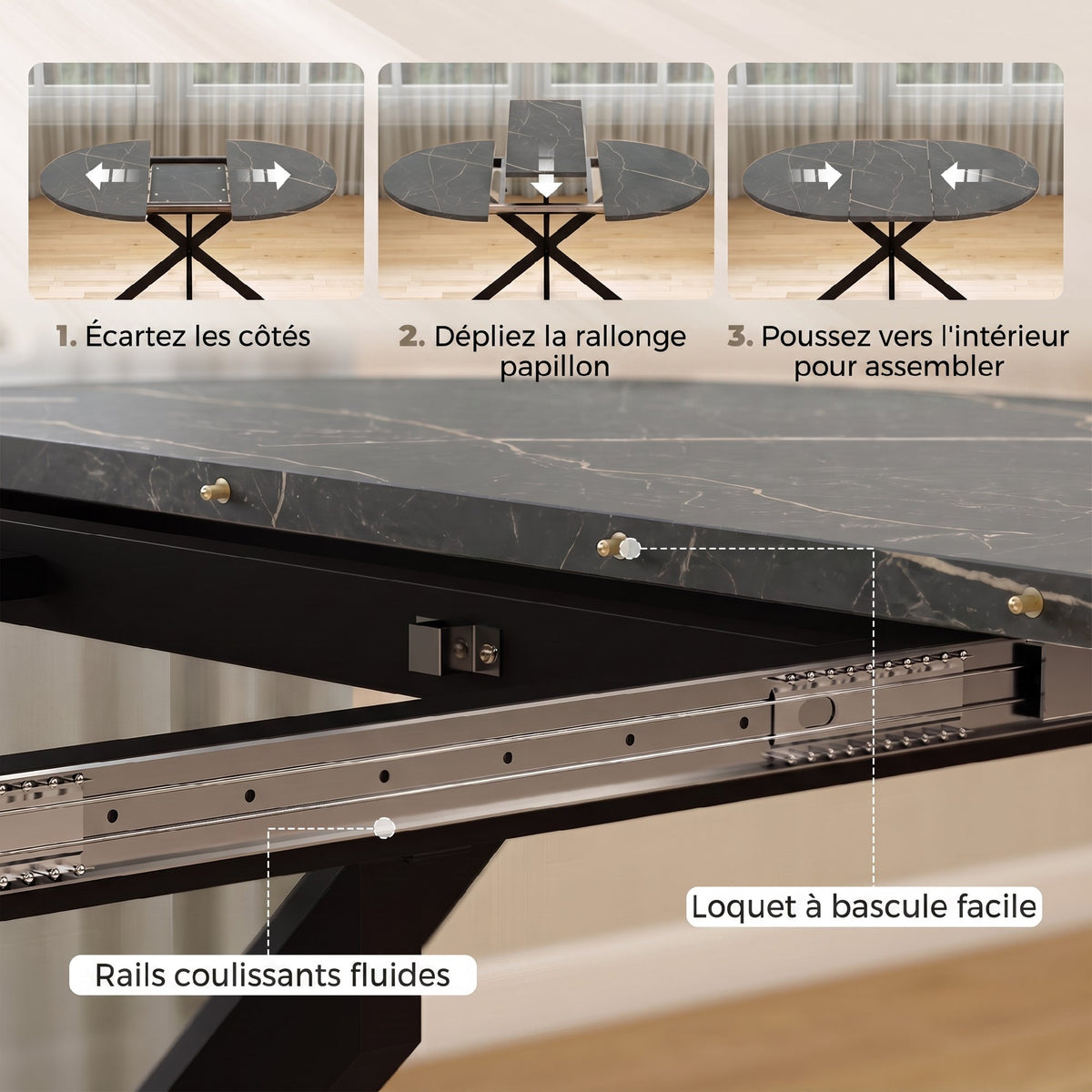Tavolo da pranzo ovale allungabile per 4-6 persone, tavolo da cucina con allunga 100-135 cm, effetto marmo nero