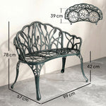Cast aluminum garden bench, 2-seater outdoor bench with tulip backrest, floral seat, 99x57x78cm, antique green