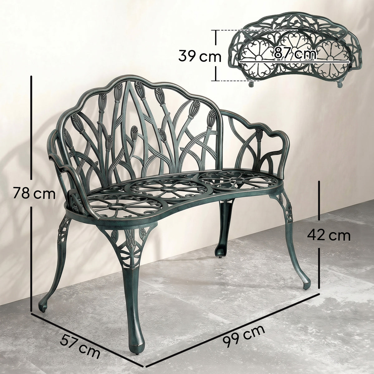 Cast aluminum garden bench, 2-seater outdoor bench with tulip backrest, floral seat, 99x57x78cm, antique green