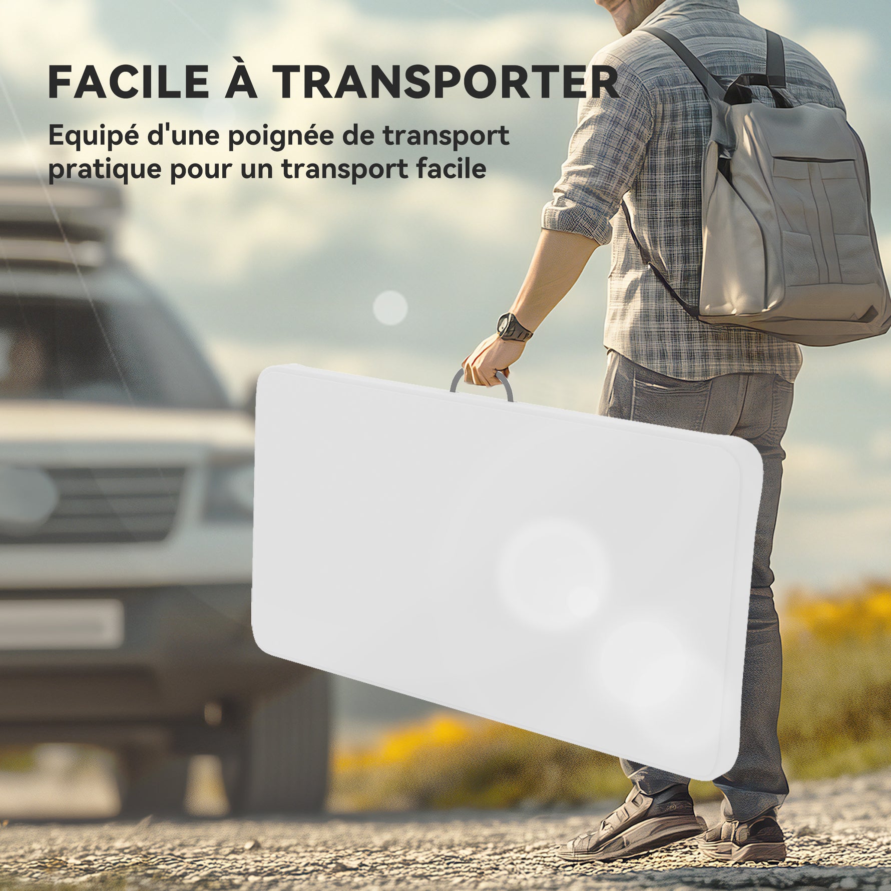 Ensemble table pliante et bancs de pique-nique 113 cm avec poignées de transport, table et banc pliable gris clair blanc