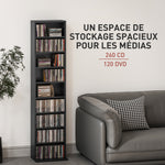 Rangements pour CD et DVD 9 compartiments et 6 étagères réglables capacité max. 260 CD/120 DVD 33 x 24 x 140 cm noir