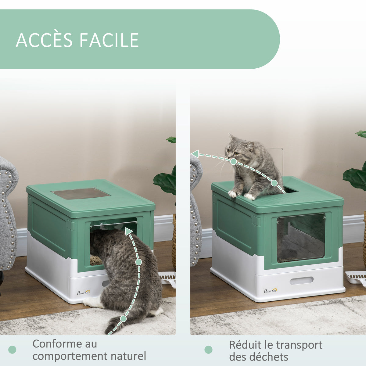 Maison de toilette pour chat pliable double porte battante et supérieure pelle fourni 47,5 x 35,5 x 36,7 cm vert