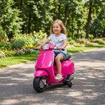 Scooter électrique enfant Vespa 6 V dim. 107L x 47l x 73H cm Musique MP3 Port USB Phare 2 roues d'entraînement - Rose