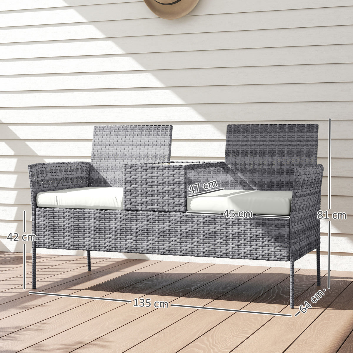 Banc de Jardin en résine tressée 2 Places avec Table et Coussins - 135 x 64 x 81 cm - pour Balcon et Terrasse Noir