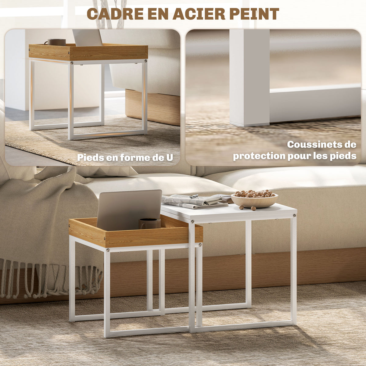 Set van 2 vierkante uitschuifbare salontafels, nesteltafels met stalen frame, moderne stijl, wit