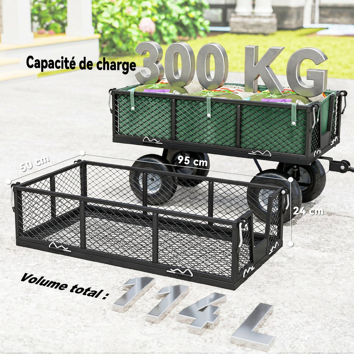 Gartenwagen 300 kg, Bollerwagen mit abnehmbarer Plane und 180° drehbarem Griff, klappbare Seitenteile, Grün