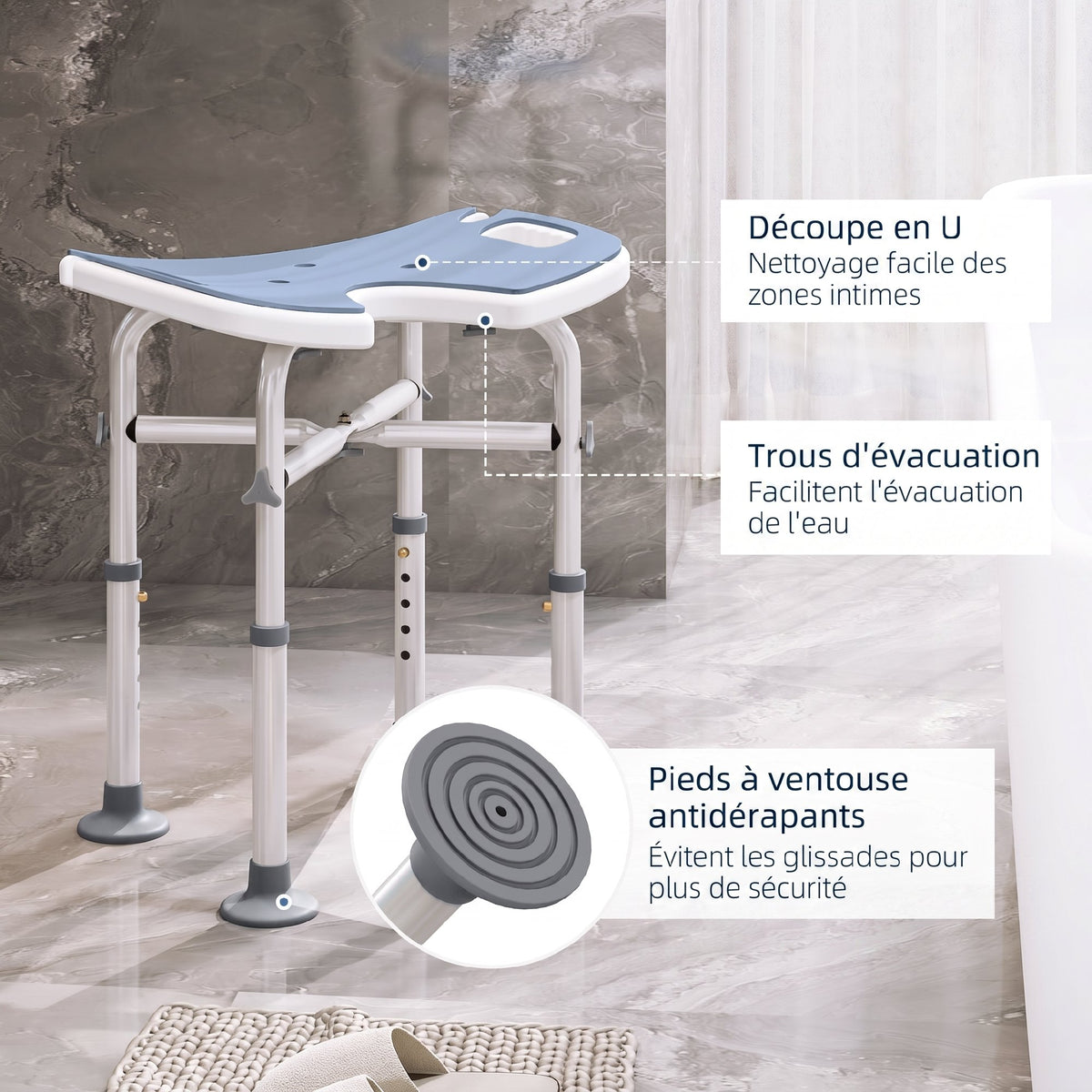 Taburete de ducha, altura ajustable de 39 a 51,5 cm, barra de apoyo con ventosa, patas con ventosas, azul claro