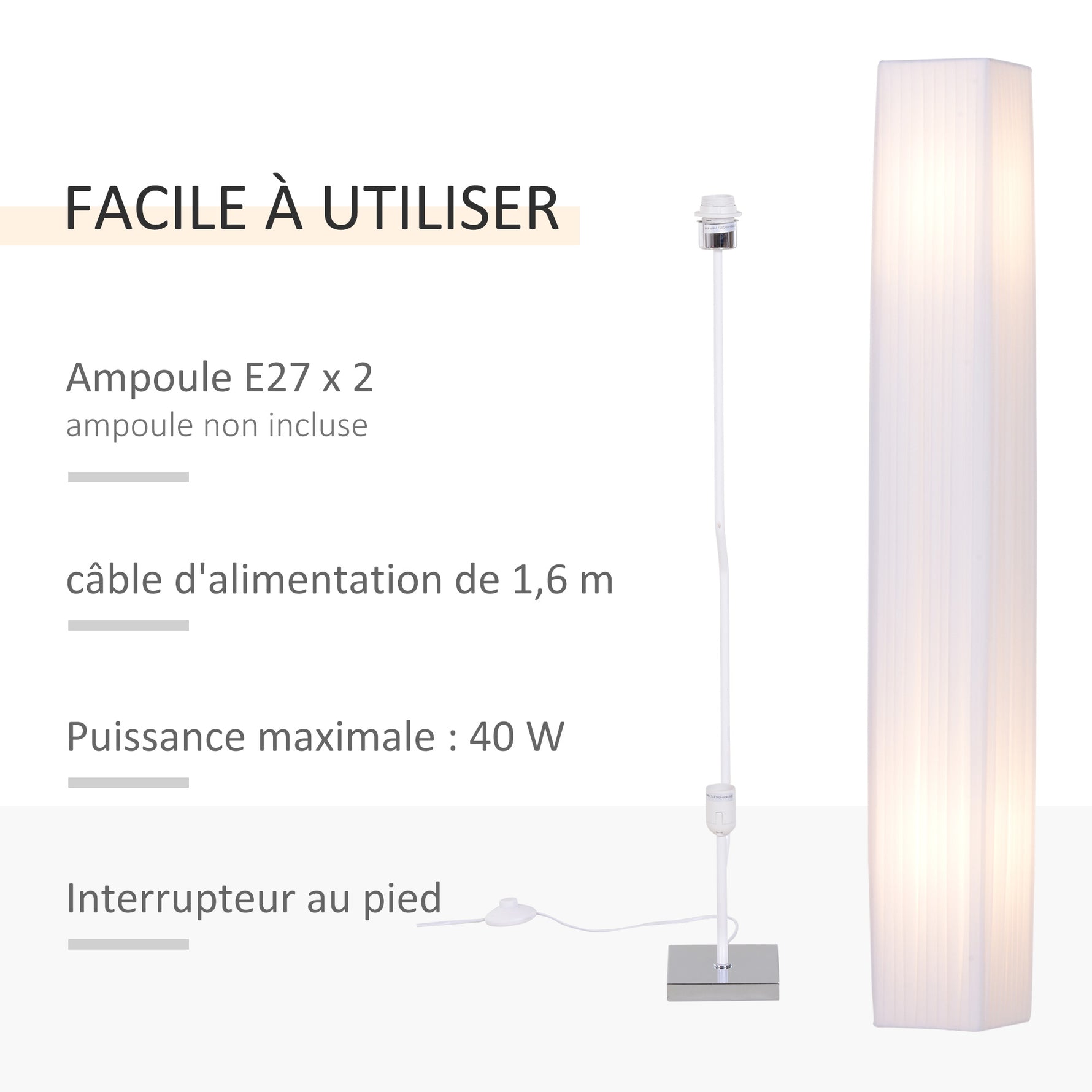 Lampadaire Lampe sur Pied de Salon Style Moderne Lampadaire sur Pied avec Interrupteur Acier Blanc