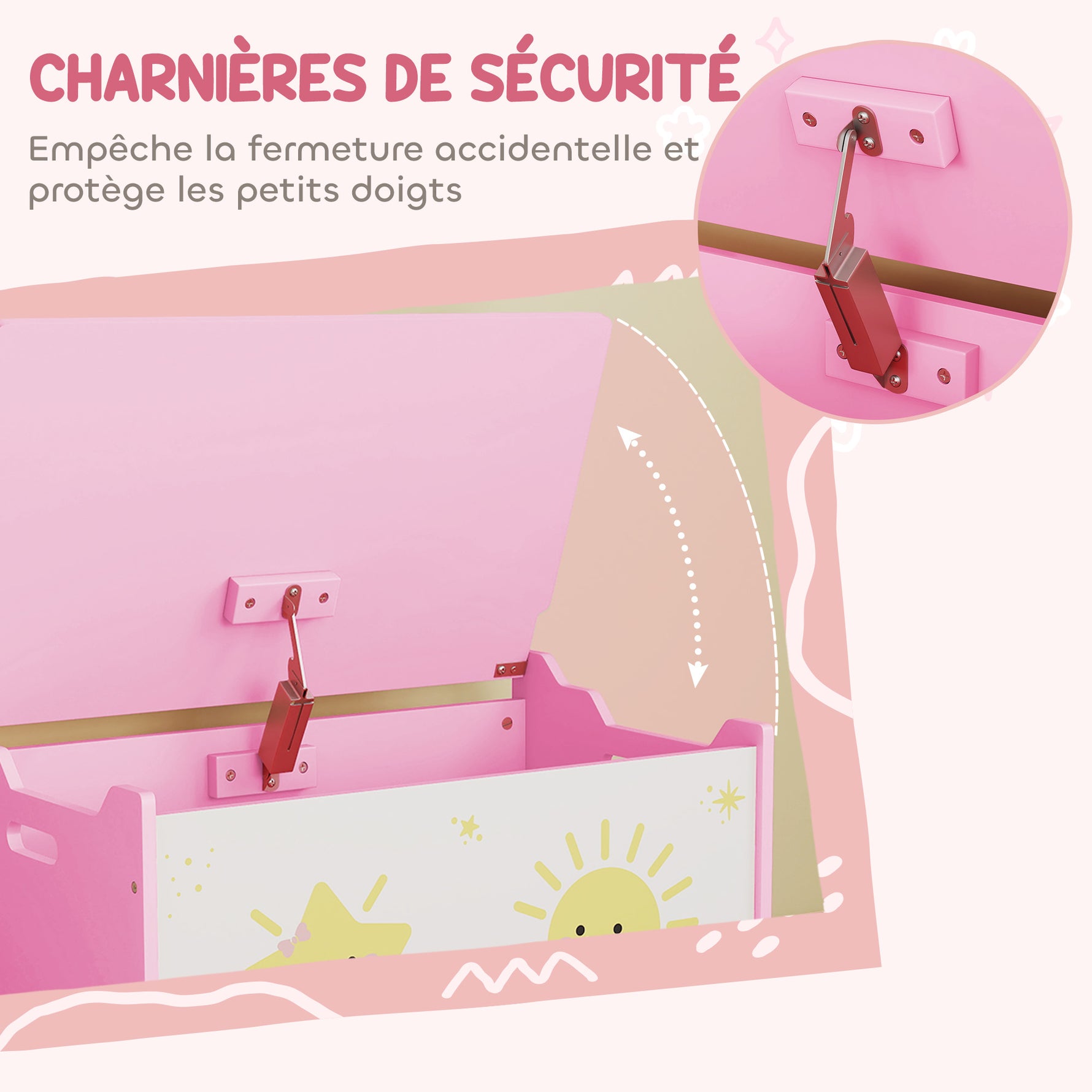 Coffre à jouets avec couvercle, coffre de rangement enfant avec charnières de sécurité, 60 x 37 x 39 cm, rose