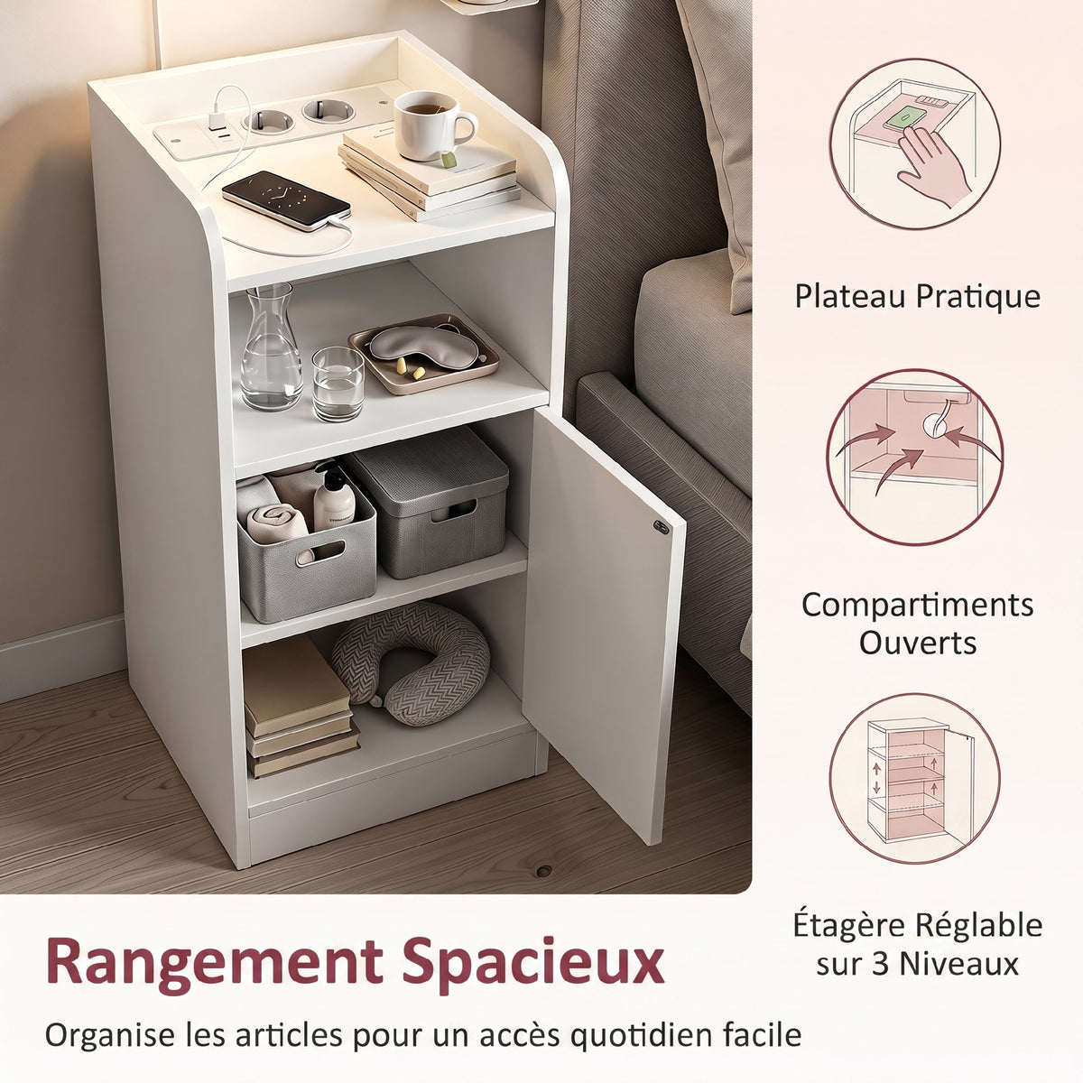 Lot de 2 tables de chevet avec station de charge, tables de nuit avec compartiment ouvert, étagère réglable, blanc
