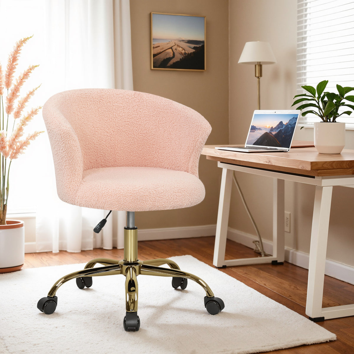 Chaise de bureau, fauteuil de bureau ergonomique réglable en hauteur, siège pivotante, piètement en acier, rose