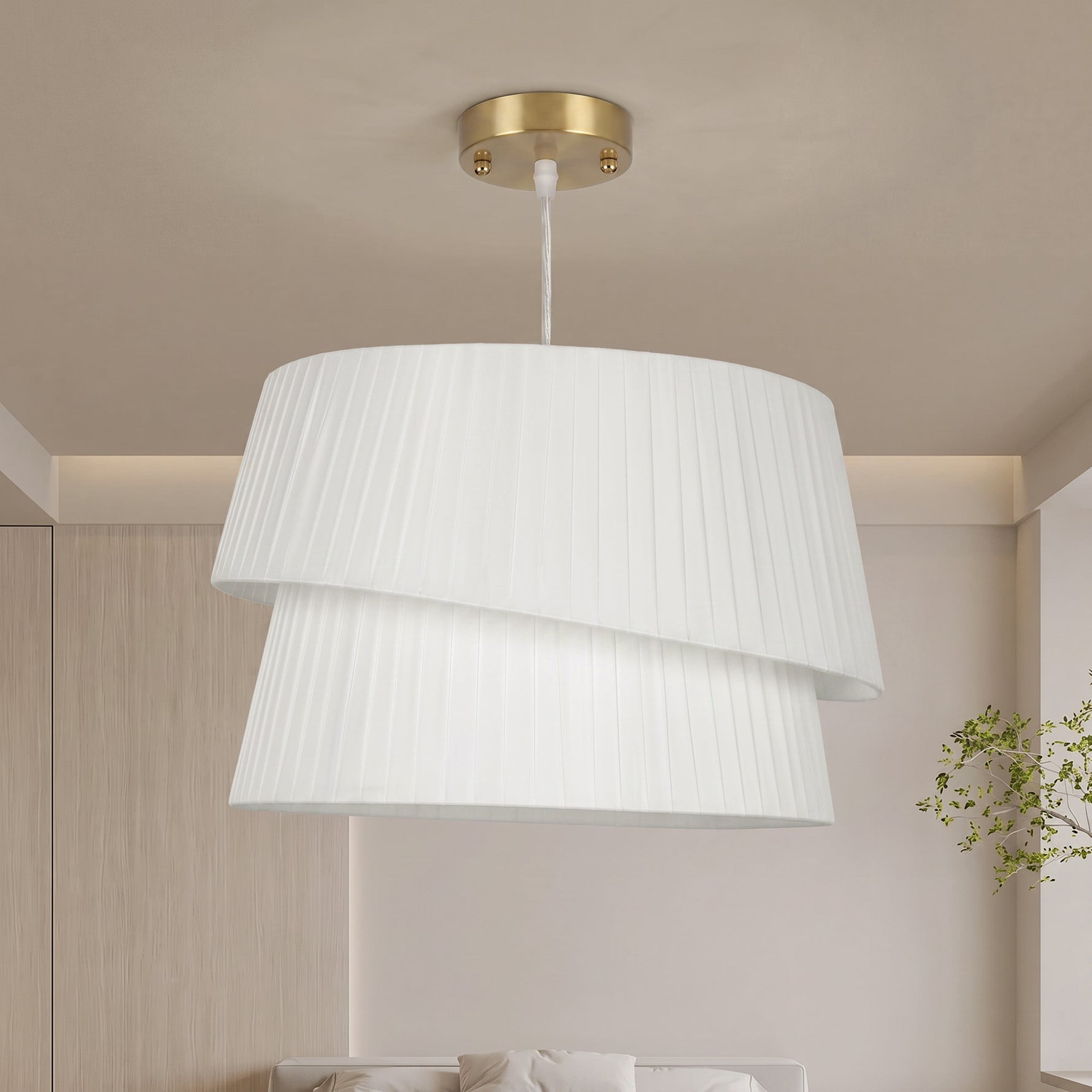 Suspension Luminaire Élégante à Double Abat-Jour, Rosace Dorée, Câble Réglable, Ampoule Non Incluse E14 40 W, Blanc