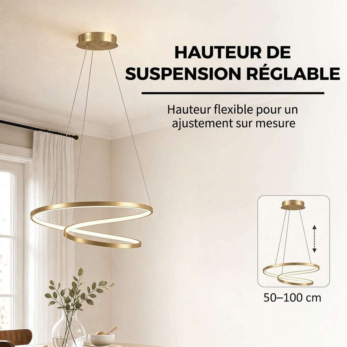 Suspension Luminaire avec 2 Anneaux, Lustre Suspendu LED à 3 Températures de Couleur, Hauteur Réglable, Doré