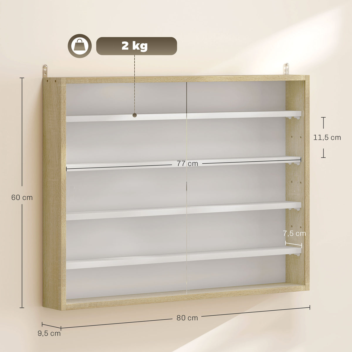 Vitrine pour collection vitrine murale 80 x 9,5 x 60 cm 4 étagères réglables en hauteur 2 portes coulissantes en verre