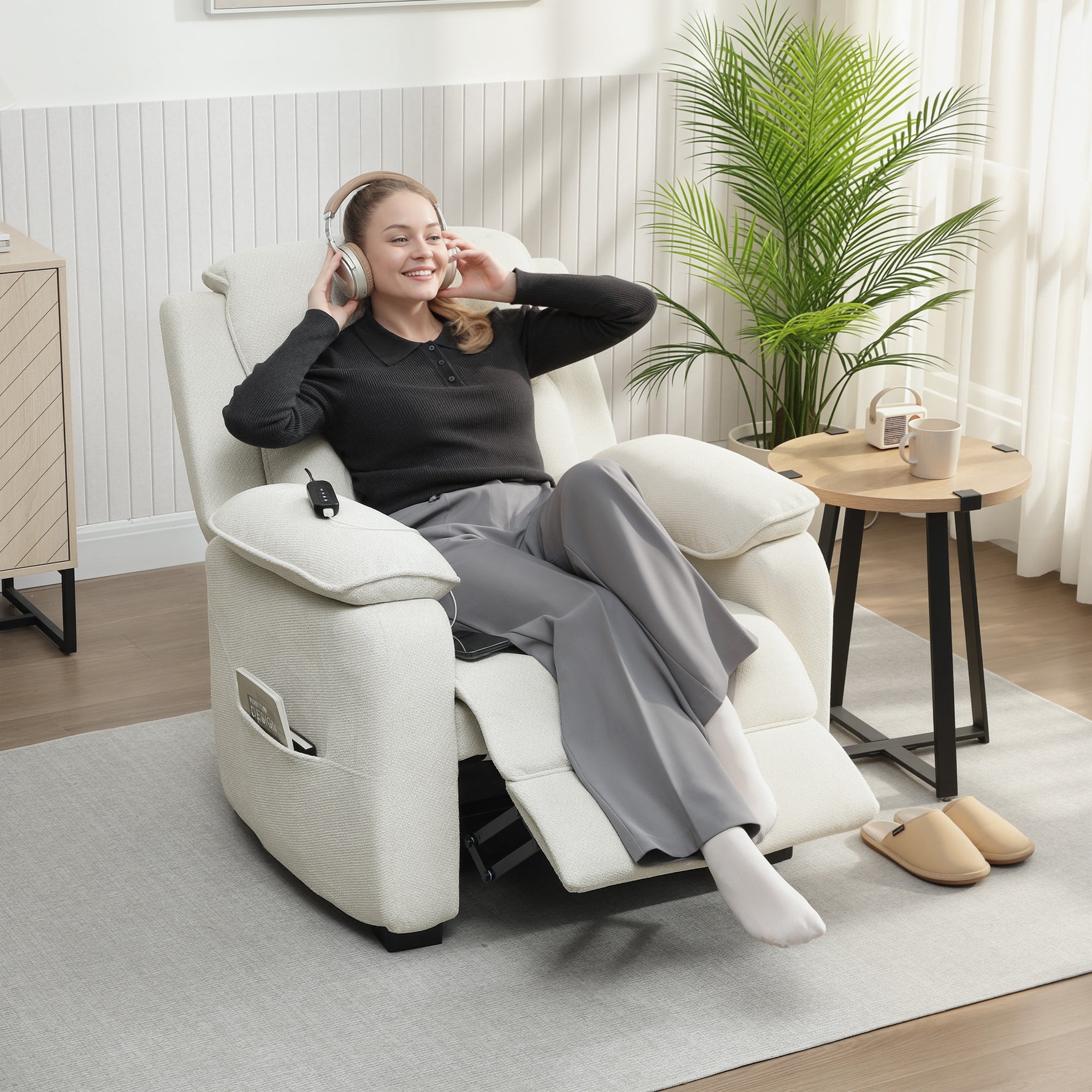 Fauteuil relax électrique fauteuil inclinable port USB repose-pieds poches latérales télécommande 86x90x103cm beige