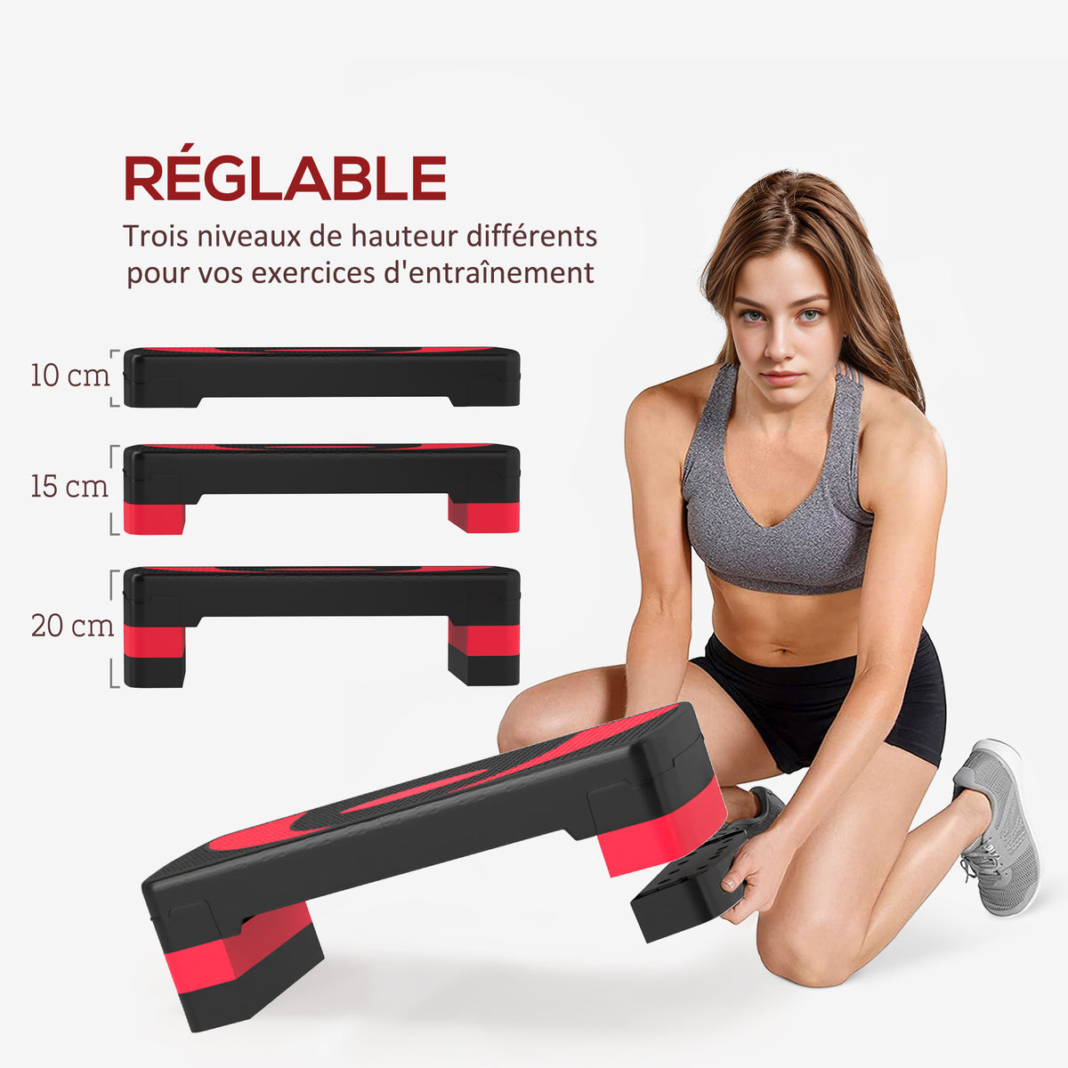 Stepper fitness aerobica altezza regolabile superficie antiscivolo 80 x 31 x 20 cm nero rosso