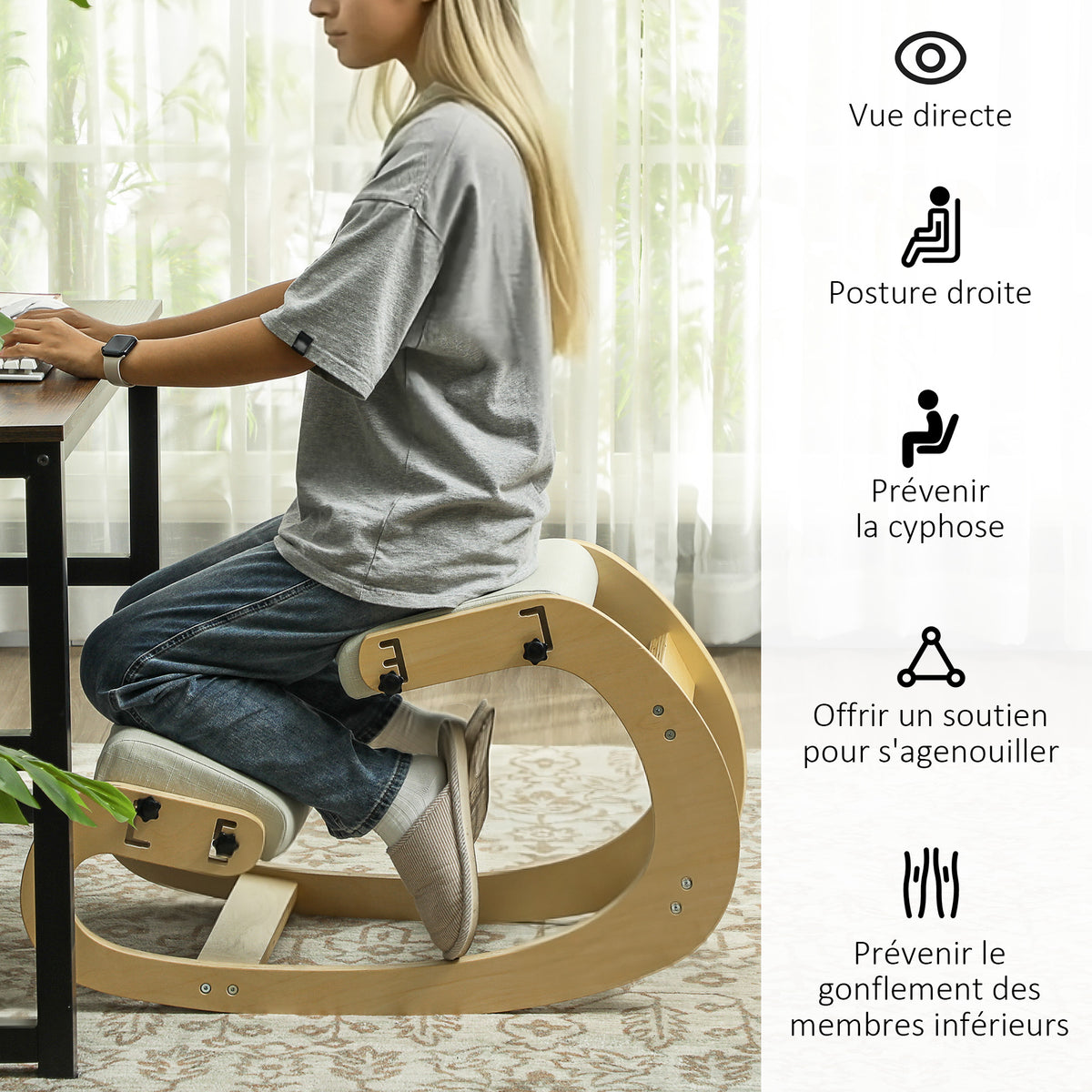 Siège assis genoux, siège ergonomique en bois avec fonction à bascule, chaise à genoux réglable pour bureau à domicile