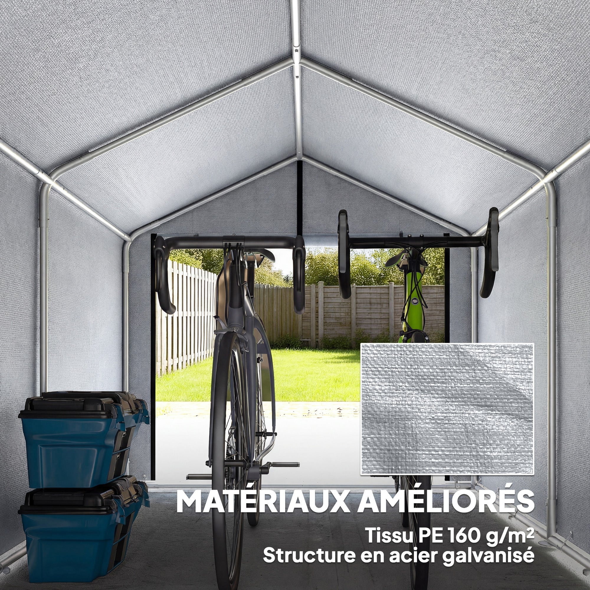 Abri de jardin tente de stockage imperméable abri moto porte enroulable, pour vélo moto 162 x 221,5 x 163 cm, gris clair
