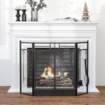 Pare-feu Large pour cheminée ou poêle - Pare-étincelles serviteur de cheminée 2 en 1 avec Accessoires - 3 Volets Pliables et Porte - Acier métal Noir-1
