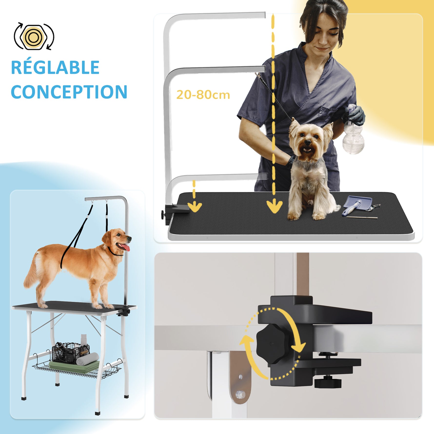 Table de toilettage pour chien pliante plateau antidérapant en caoutchouc avec 2 sangles 90 x 60 x 76 cm noir