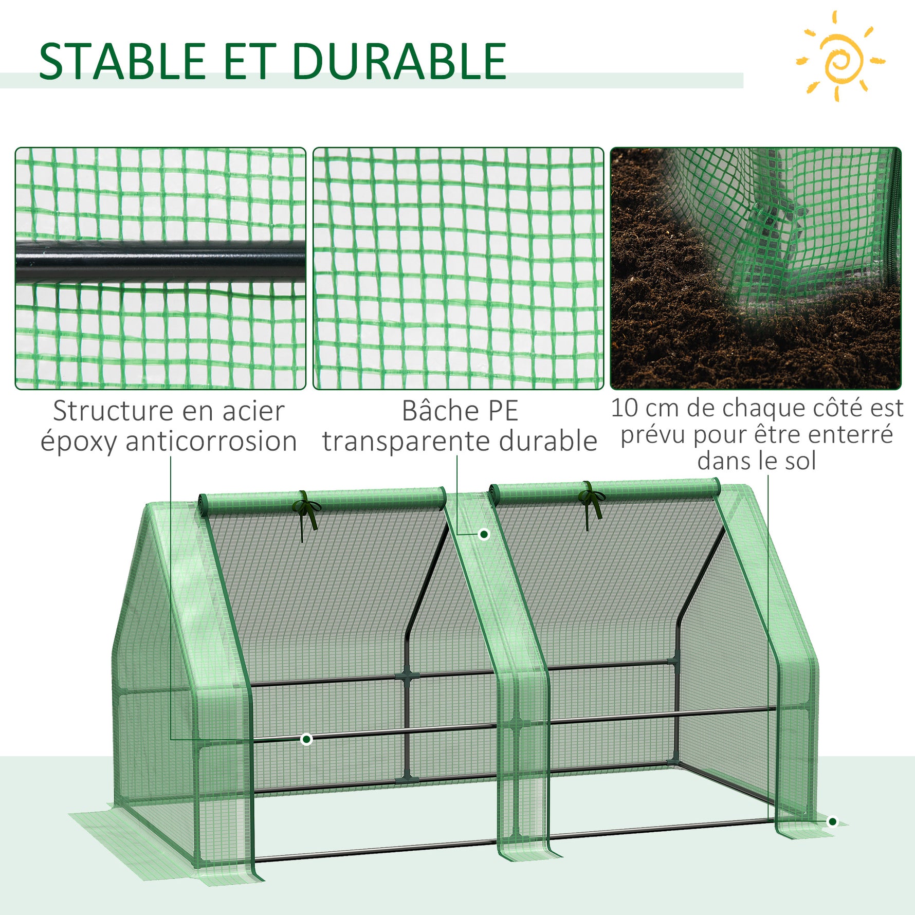 Mini Serre de Jardin Mini Serre Tunnel 180L x 90l x 90H cm Toit Pointu Acier PE Haute Densité 140 g/m² Anti-UV Fenêtres avec Zip Enroulables Vert