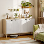 Buffet à haute brillance, meuble de rangement avec 4 portes, étagères réglables, 141 x 35 x 77 cm, blanc et chêne