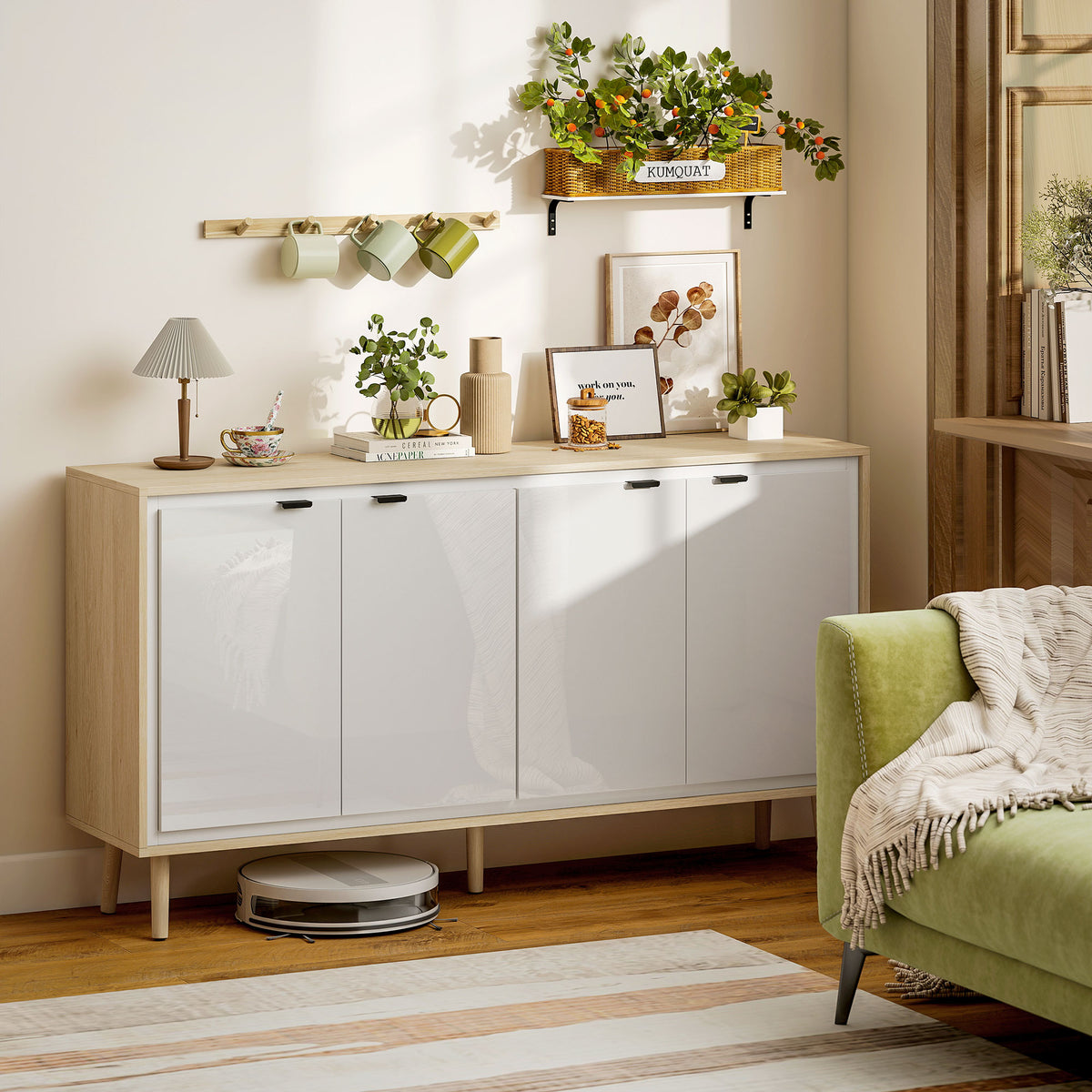 Buffet à haute brillance, meuble de rangement avec 4 portes, étagères réglables, 141 x 35 x 77 cm, blanc et chêne