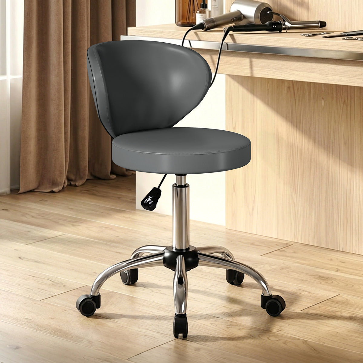 Taburete con ruedas, taburete de masaje de PU con altura ajustable de 73-88 cm y respaldo, giratorio 360°, gris